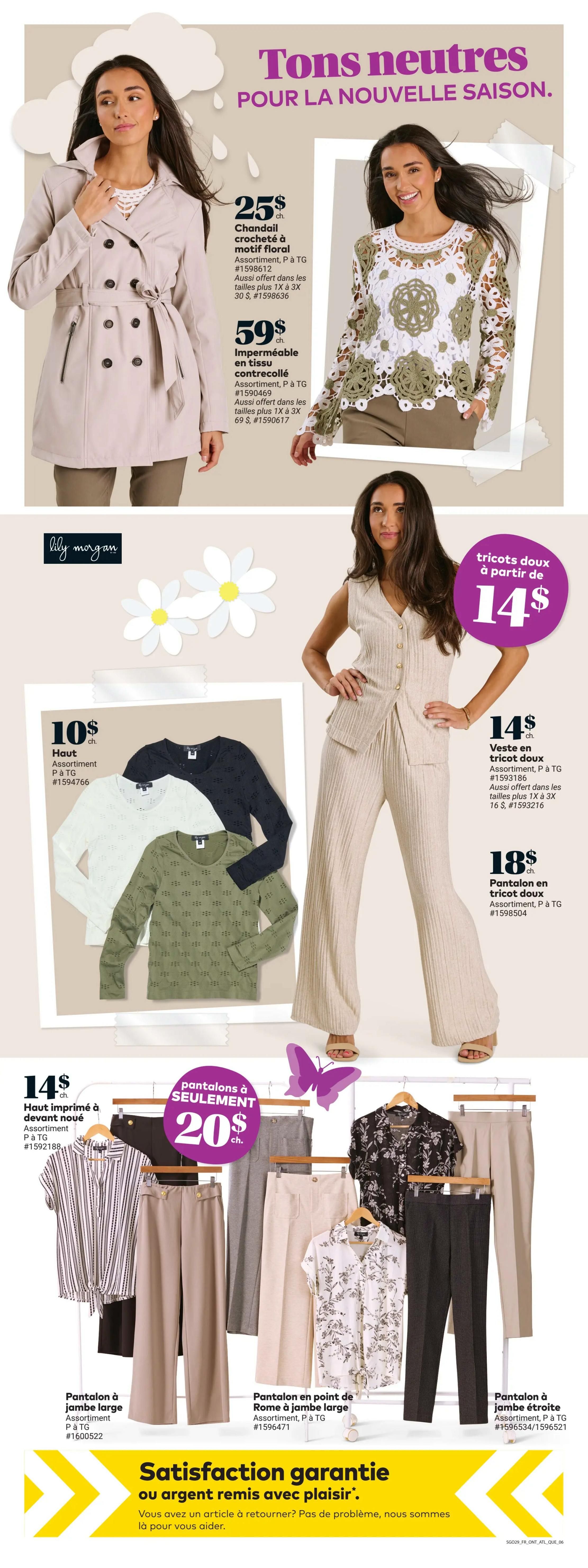 Giant Tiger weekly flyer specials, page 8. Features women's fashion with neutral tones for the new season. Includes a beige trench coat for $25, and a waterproof lined jacket for $59. Also available are Lily Morgan knit tops for $10 each, in assorted colours. A beige knit vest is featured starting at $14, with matching knit pants for $18. Other knit pants are available for $14. A striped tie-front blouse is $14. Featured pants include wide-leg trousers for $20, and slim-fit trousers for $20. Additional floral print tops and various trousers are also shown. The bottom of the page highlights Giant Tiger's satisfaction guarantee.