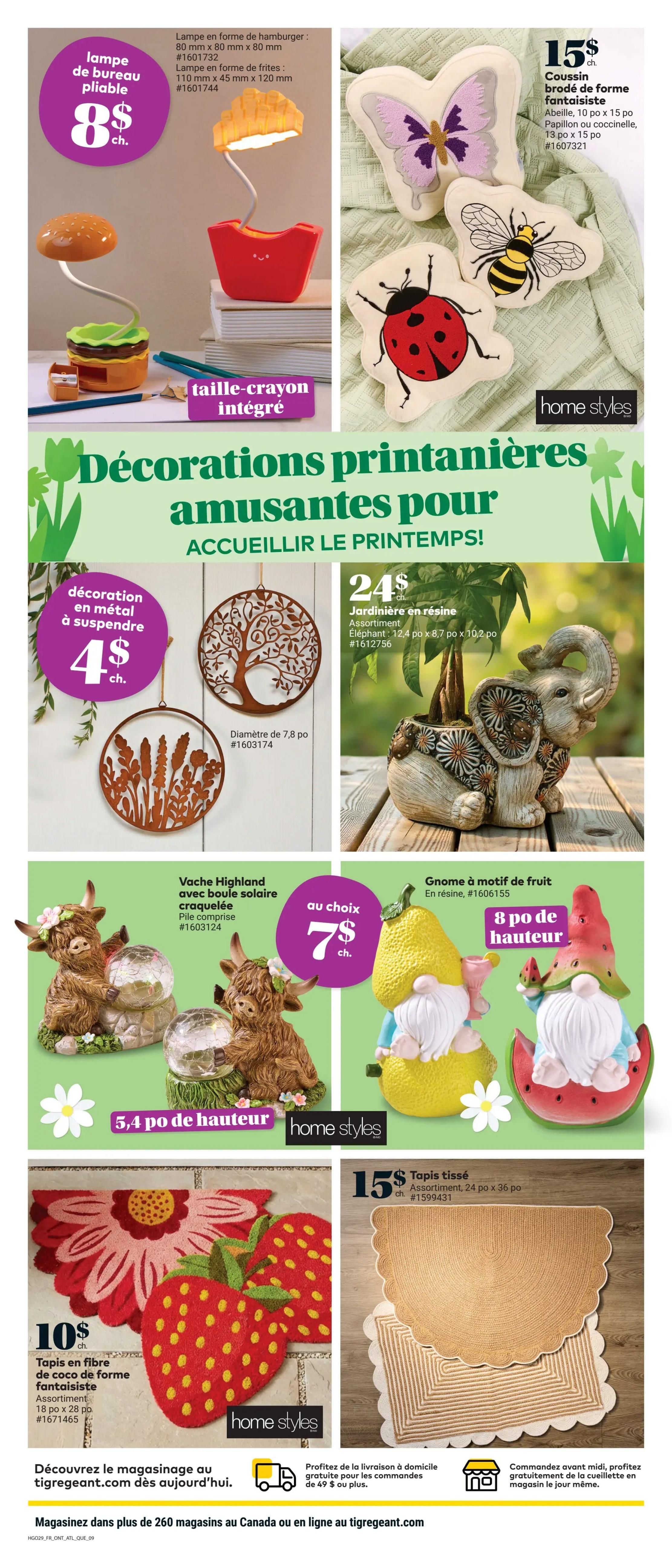 Giant Tiger weekly flyer specials page 11 features fun and whimsical home decor. Find a foldable desk lamp in a hamburger or french fry shape for $8 each. Also available is a hamburger-shaped pencil sharpener with an integrated sharpener. Decorative pillows are available for $15 each, including a butterfly, a bee, and a ladybug design. Discover metal hanging decorations for $4 each, such as a tree of life or a cattail design, each with a 7.8-inch diameter. A resin elephant planter, measuring 12.4 x 8.7 x 10.2 inches, is priced at $24. Add charm to your garden with a Highland cow figurine with a solar crackle ball, 5.4 inches tall, for $7 each. Fruit-themed resin gnomes, 8 inches tall, are also available. For your floors, a woven rug measuring 24 x 36 inches is $15, and a strawberry or flower-shaped coir doormat, 18 x 28 inches, is $10. Shop online at tigregeant.com for free home delivery on orders over $49 or free same-day in-store pickup for orders placed before noon.