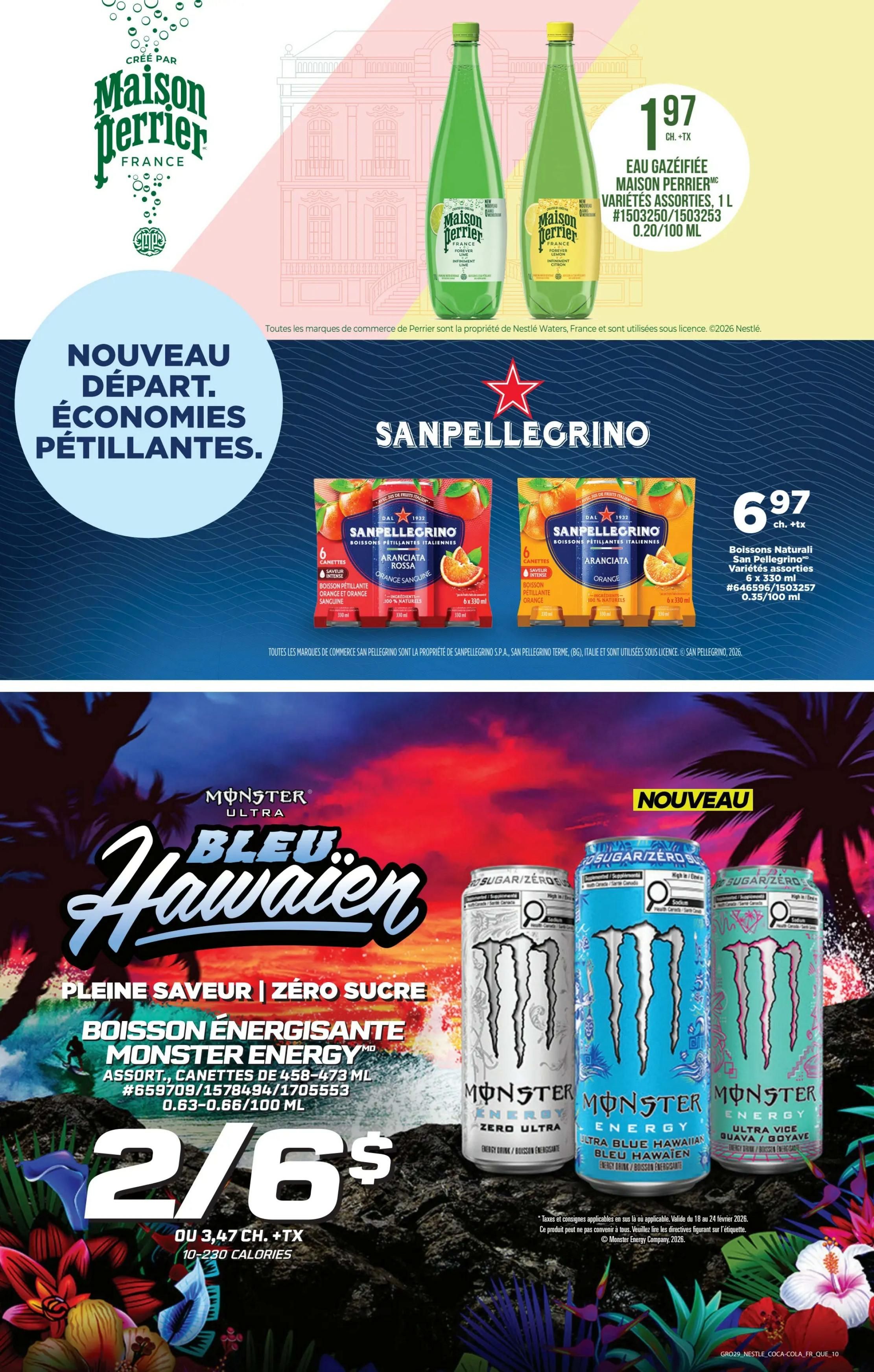 Giant Tiger weekly flyer specials, page 12. Featuring Maison Perrier sparkling water, 1 L bottles, assorted varieties, for $1.97 each plus tax. Also showcasing San Pellegrino Italian sparkling beverages, assorted varieties, 6 x 330 ml cans, for $6.97 plus tax. Additionally, Monster Energy Ultra Blue Hawaiian and Ultra Vice Guava energy drinks, 458-473 ml cans, are on sale 2 for $6, or $3.47 each plus tax, with 10-230 calories per serving.