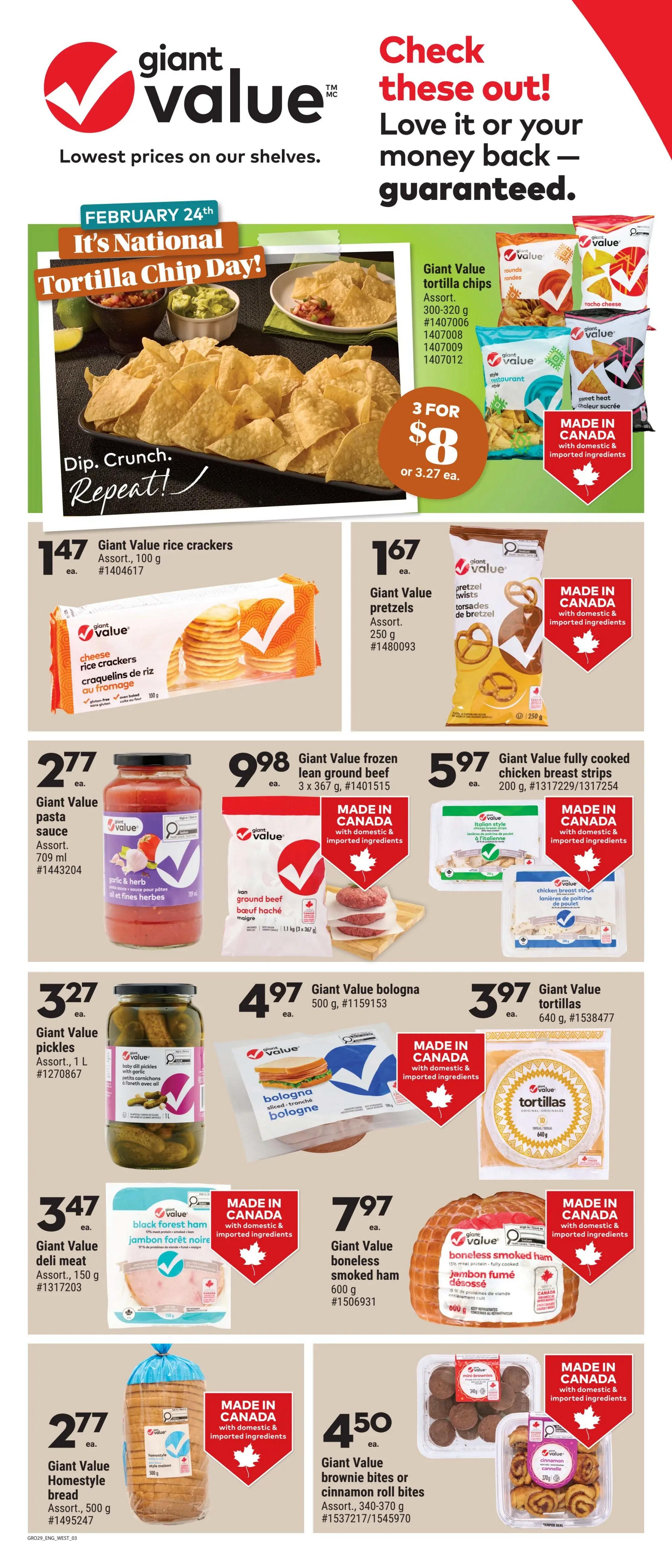 Giant Tiger weekly flyer specials for Western Canada, page 3. Features 'National Tortilla Chip Day' with Giant Value tortilla chips on special, 3 for $8 or $3.27 each. Also available are Giant Value rice crackers for $1.47, Giant Value pretzels for $1.67, Giant Value pasta sauce for $2.77, Giant Value frozen ground beef for $9.98, and Giant Value fully cooked chicken breast strips for $5.97. Other deals include Giant Value bologna for $4.97, Giant Value tortillas for $3.97, Giant Value baby dill pickles with garlic for $3.27, Giant Value deli meat for $3.47, Giant Value boneless smoked ham for $7.97, Giant Value Homestyle bread for $2.77, and Giant Value brownie bites or cinnamon roll bites for $4.50. Many products are highlighted as 'Made in Canada' with domestic & imported ingredients.