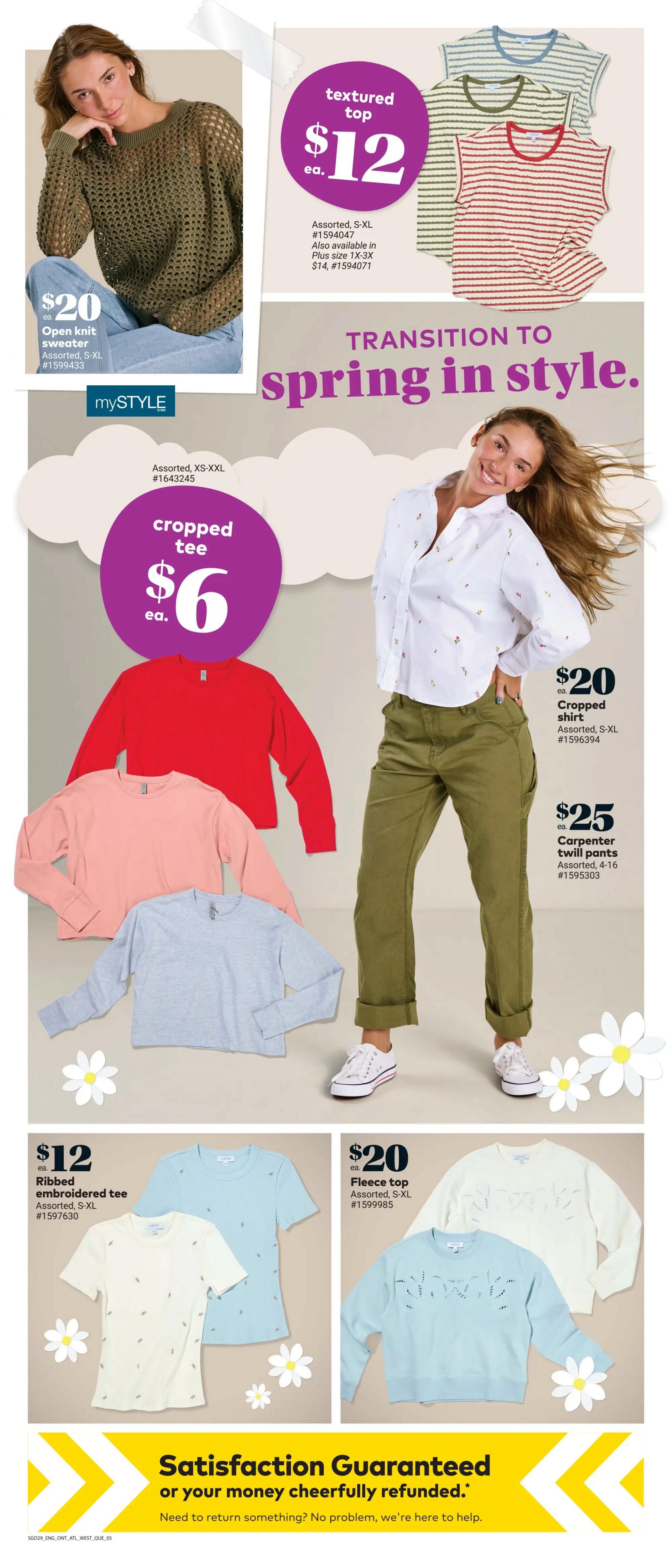 Giant Tiger weekly flyer specials page 7. Featured items include an open knit sweater for $20, assorted textured tops for $12 each, and a cropped tee for $6. Also available are a cropped shirt for $20, carpenter twill pants for $25, ribbed embroidered tees for $12, and fleece tops for $20. The page has a 'Transition to spring in style' theme and includes a satisfaction guarantee message.