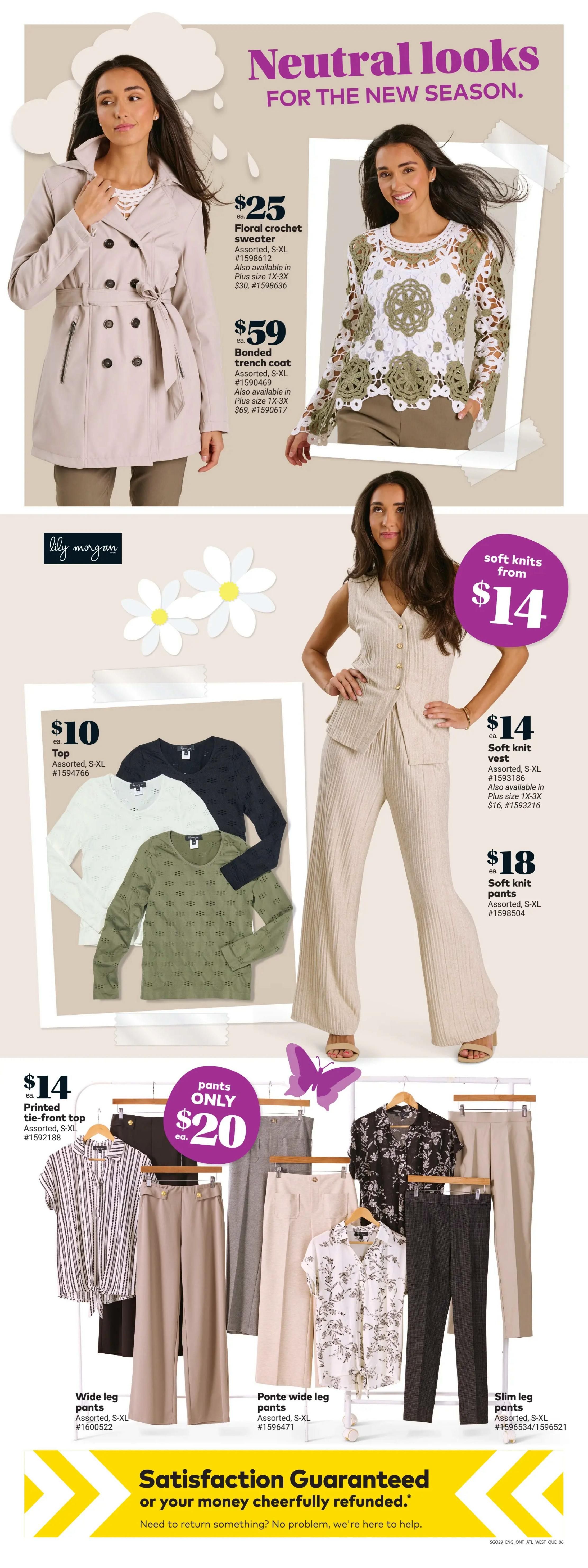 Giant Tiger weekly flyer specials page 8 features 'Neutral looks for the new season.' A woman models a $25 floral crochet sweater, available in assorted S-XL sizes. Another woman is shown in a $59 bonded trench coat, also available in plus sizes 1X-3X for $69. Lily Morgan brand tops are $10 each, available in assorted S-XL sizes in white, olive green, and black. Soft knit vests are from $14, and soft knit pants are $18 for assorted S-XL sizes. A printed tie-front top is $14. Pants are featured with a 'pants ONLY $20' special, including wide leg pants, ponte wide leg pants, and slim leg pants in assorted S-XL sizes. The page also highlights 'Satisfaction Guaranteed or your money cheerfully refunded.