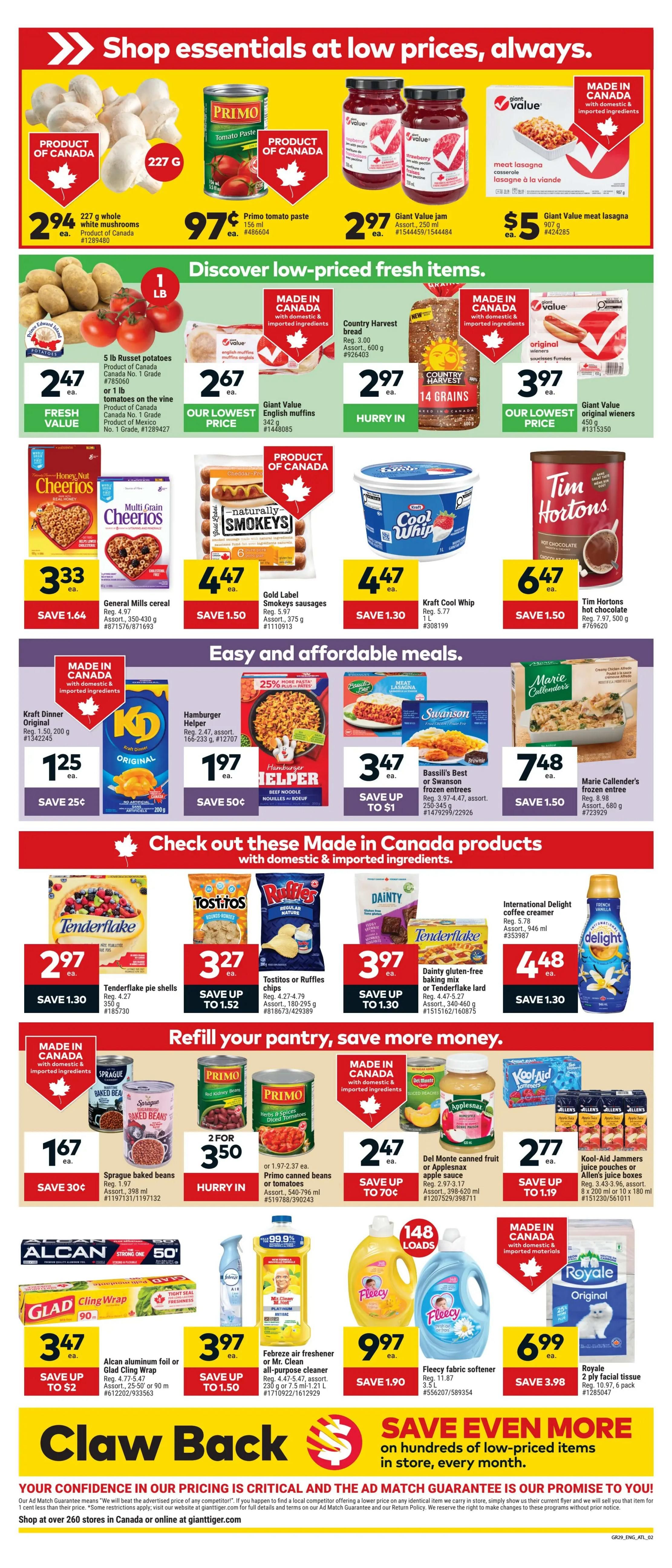 Giant Tiger Atlantic Canada weekly flyer specials page 2. Featured products include 227g whole white mushrooms for $2.94, 156 ml Primo tomato paste for $0.97, 250 ml Giant Value jam assortment for $2.97, and 907 g Giant Value meat lasagna for $5. Also available are 5 lb Russet potatoes or 1 lb tomatoes on the vine for $2.47, 342 g Giant Value English muffins for $2.67, 600 g Country Harvest 14 Grains bread for $2.97, and 450 g Giant Value original wieners for $3.97. Cereal options include General Mills Honey Nut or Multi Grain Cheerios for $3.33 with a save $1.64 offer, and 375 g Gold Label smokey sausages for $4.47 with a save $1.50 offer. Easy and affordable meals include 200 g Kraft Dinner Original for $1.25, 166-233 g Hamburger Helper for $1.97 with a save 50 cents offer, Bassili's Best frozen entrees or Swanson fried chicken for $3.47 with a save up to $1 offer, and 340-460 g Marie Callender's frozen entrees for $7.48 with a save $1.50 offer. Also featured are 200 g Dainty gluten-free baking mix or Tenderflake lard for $3.97 with a save up to $1.30 offer. Check out Made in Canada products including 200 g Tenderflake pie shells for $2.97 with a save $1.30 offer, Tostitos or Ruffles chips for $3.27 with a save up to $1.52 offer, and 946 ml International Delight coffee creamer for $4.48 with a save $1.30 offer. Refill your pantry with 398 ml Sprague baked beans for $1.67 with a save 30 cents offer, 540-796 ml Primo canned beans or tomatoes for 2 for $3.50, 398-620 ml Del Monte canned fruit or Applesnax apple sauce for $2.47 with a save up to 70 cents offer, and 8 x 200 ml or 10 x 180 ml Kool-Aid Jammers juice pouches or Allen's juice boxes for $2.77 with a save up to $1.19 offer. Household essentials include 50 ft Alcan aluminum foil or Glad Cling Wrap for $3.47 with a save up to $2 offer, 230 g or 7.5 ml Febreze air freshener or Mr. Clean all-purpose cleaner for $3.97 with a save up to $1.50 offer, 3.5 L Fleecy fabric softener for $9.97 with a save $1.90 offer, and 6 pack Royale 2 ply facial tissue for $6.99 with a save $3.98 offer.