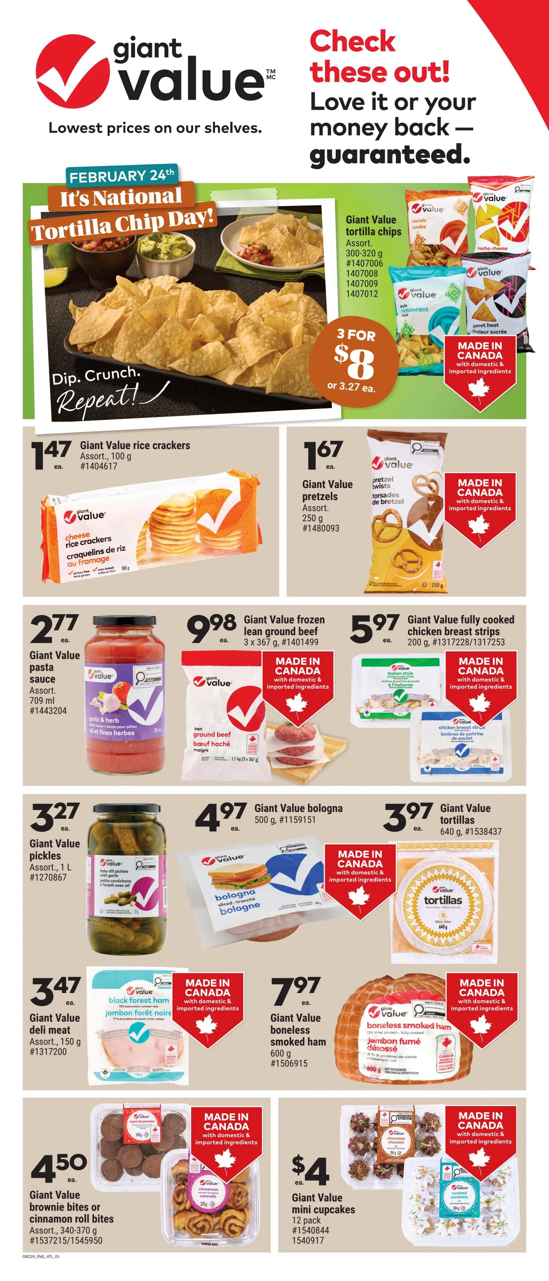 Giant Tiger Atlantic Canada flyer, page 3. Features 'National Tortilla Chip Day' with a large image of tortilla chips and dips. Giant Value tortilla chips are 3 for $8 or $3.27 each. Also available are Giant Value rice crackers for $1.47 each, Giant Value pretzels for $1.67 each, Giant Value frozen ground beef for $9.98, and Giant Value fully cooked chicken breast strips for $5.97. Other deals include Giant Value bologna for $4.97, Giant Value tortillas for $3.97, Giant Value baby dill pickles for $3.27, Giant Value black forest ham for $3.47, Giant Value boneless smoked ham for $7.97, Giant Value brownie bites or cinnamon roll bites for $4.50, and Giant Value mini cupcakes for $4. All featured 'Made in Canada' products are highlighted with a maple leaf emblem.