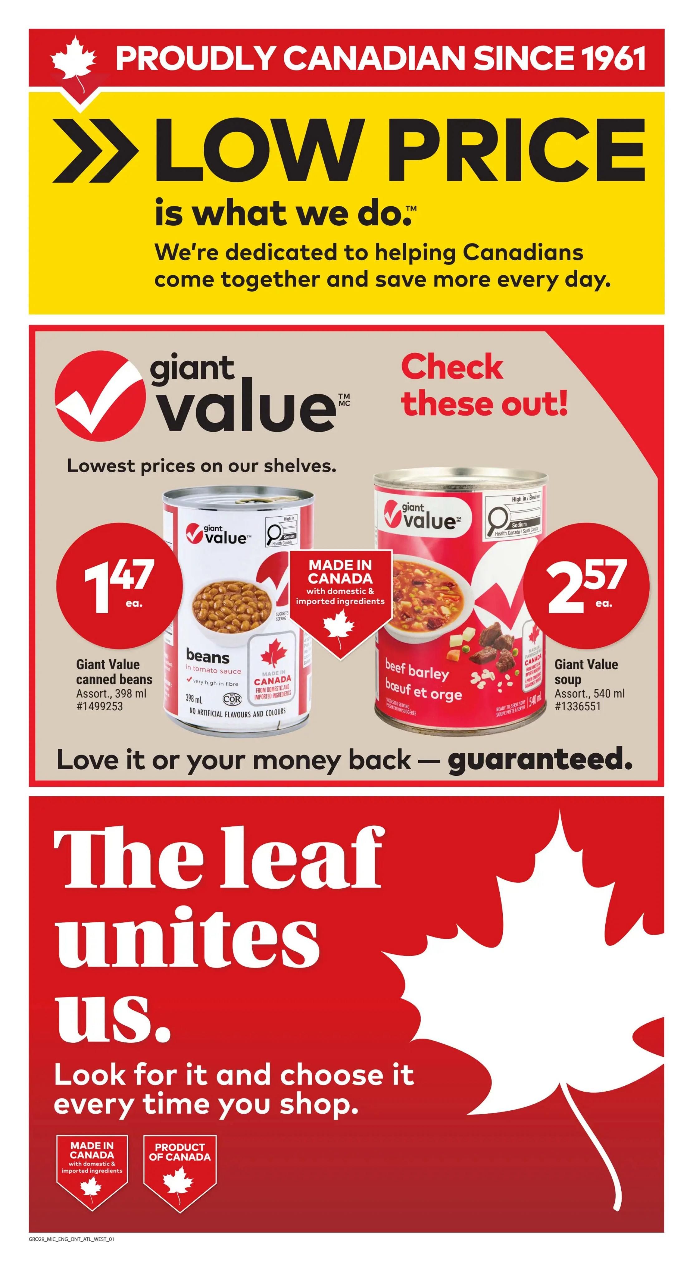 Giant Tiger Atlantic Canada weekly flyer specials, page 5. Features 'LOW PRICE is what we do.' slogan. On sale are Giant Value canned beans, assorted, 398 ml for $1.47 each, and Giant Value soup, assorted, 540 ml for $2.57 each. Both products are made in Canada. The bottom of the page features a large red graphic with the text 'The leaf unites us. Look for it and choose it every time you shop.' with 'Made in Canada with domestic & imported ingredients' and 'Product of Canada' badges.