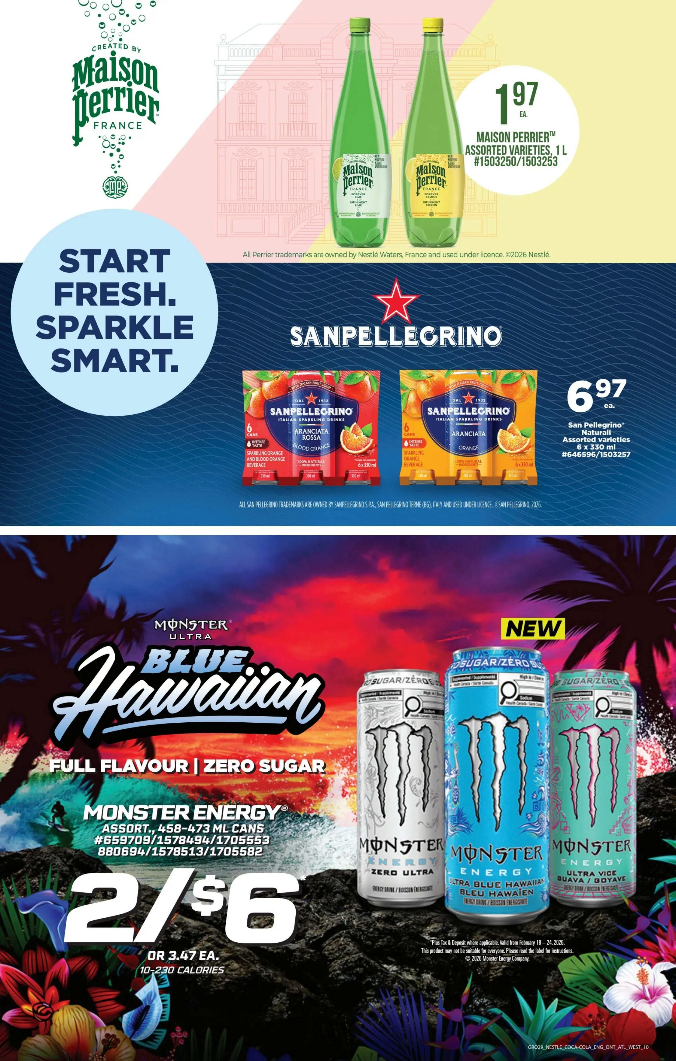 Giant Tiger Atlantic Canada flyer page 12 features Maison Perrier sparkling water for $1.97 each, available in assorted varieties and 1L bottles. Also featured are San Pellegrino Italian sparkling drinks in assorted varieties, 6 x 330 ml cans, for $6.97 each. Monster Energy drinks are on sale, with 2 for $6, or $3.47 each, including Monster Ultra Blue Hawaiian and Monster Energy Ultra Vice Guava. The Monster Energy drinks contain 10-230 calories. This page also includes the slogan 'START FRESH. SPARKLE SMART.'