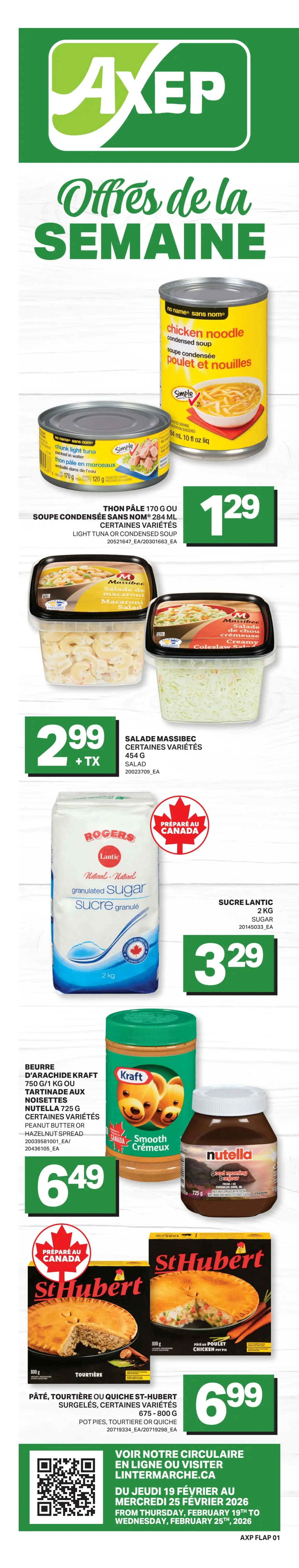 Axep weekly flyer specials page 2 features Farmer's Market mini cucumbers for $2.99. PC Organics Quick Oats 1kg are available, and MadeGood granola bars, crispy squares, or mini biscuits (120-150g, select varieties) are $3.99 plus tax. Kraft Dinner macaroni and cheese 340g or Crave frozen entree bowls (200-340g, select varieties) are $4.99. President's Choice Pub Recipe or Gluten-Free Breaded Chicken Strips or Crispy Chicken Burgers (600-700g) are $6.49.