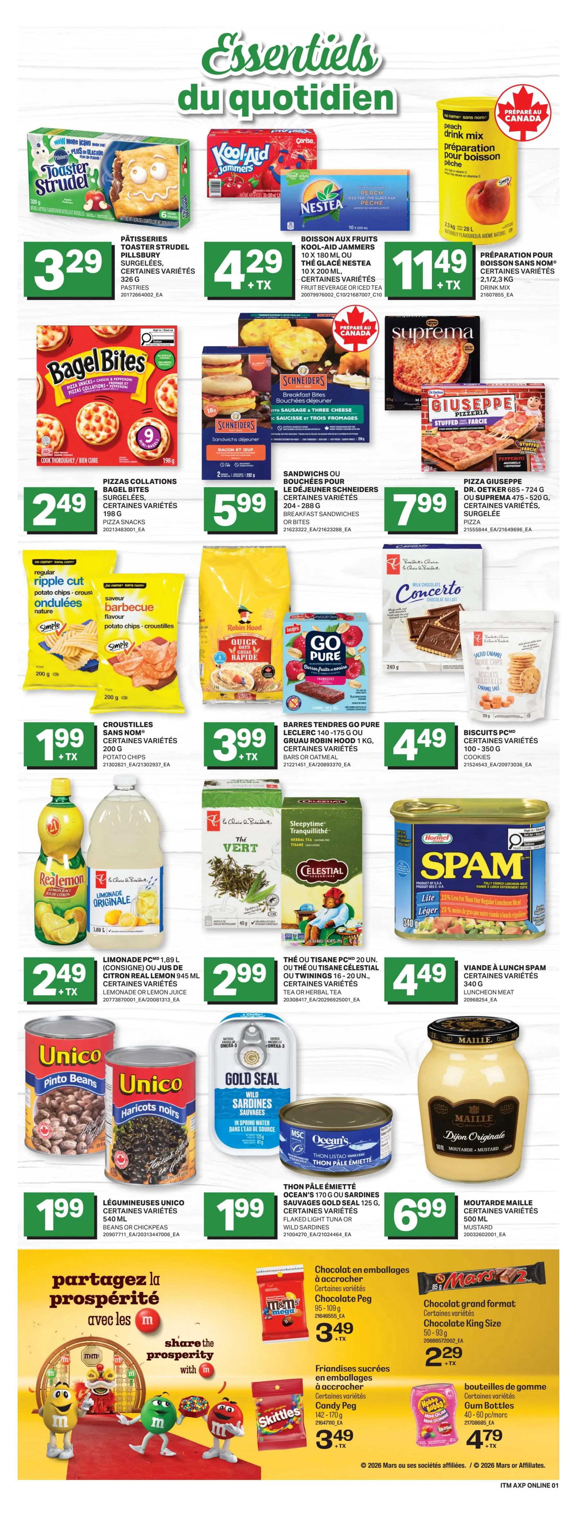 Axep weekly flyer specials page 7 features a variety of food items. Top row includes Pillsbury Toaster Strudel pastries for $3.29, Kool-Aid Jammers for $4.29, and No Name Peach Drink Mix for $11.49. Middle row showcases Bagel Bites pizza snacks for $2.49, Schneiders breakfast sandwiches for $5.99, and Dr. Oetker Suprema or Giuseppe Pizzeria pizza for $7.99. Also featured are Simple brand ripple cut and barbecue potato chips for $1.99, Robin Hood Quick Oats for $3.99, PC Concerto milk chocolate for $4.49, and PC Salted Caramel Cookie Chips for $4.49. The bottom row highlights Realemon Lemonade or Real Lemon Juice for $2.49, Celestial Seasonings tea or PC Green Tea for $2.99, and Spam Lite luncheon meat for $4.49. Additional items include Unico Beans or Chickpeas for $1.99, Ocean's Tuna or Gold Seal Sardines for $1.99, and Maille Dijon Mustard for $6.99. The bottom section promotes sharing prosperity with M&M's, featuring M&M's Pegs for $3.49, Mars King Size chocolate bars for $2.29, Skittles Candy Pegs for $3.49, and Hubba Bubba Gum Bottles for $4.79.