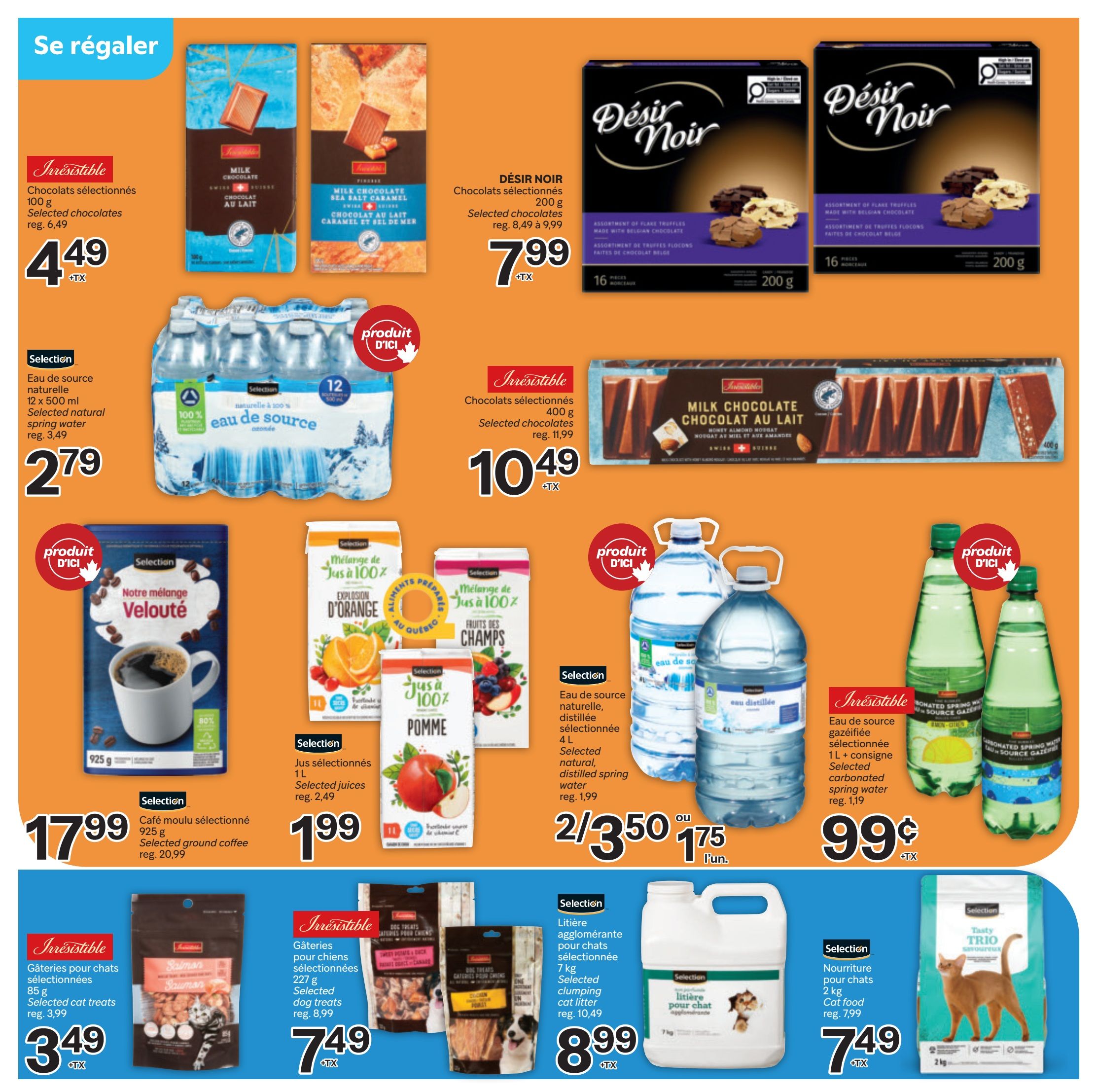 Brunet weekly flyer specials page 12 features Irresistible selected chocolates 100 g for $4.49, Désir Noir selected chocolates 200 g for $7.99, and Irresistible milk chocolate bar 400 g for $10.49. Also featured are Selection natural spring water 12 x 500 mL for $2.79, Selection 1 L selected juices for $1.99, Selection 100% fruit juice blends (orange, field fruits, apple) for 2 for $3.50 or $1.75 each, Selection natural distilled spring water 4 L for $1.75, and Selection carbonated spring water 1 L + deposit for $0.99. Other deals include Selection selected ground coffee 925 g for $17.99, Irresistible selected cat treats 85 g for $3.49, Irresistible selected dog treats 227 g for $7.49, Selection selected clumping cat litter 7 kg for $8.99, and Selection cat food 2 kg for $7.49.