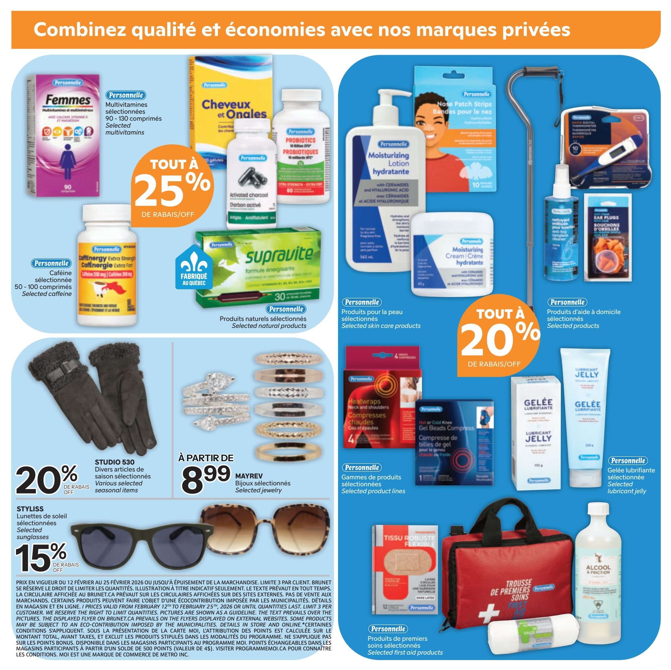 Brunet weekly flyer specials page 14 features a variety of Personnelle brand products. Get 25% off selected Personnelle multivitamins for women, hair and nail vitamins, activated charcoal, and energizing formula supplements. Also on sale are selected Personnelle skin care products including moisturizing lotion and cream, nose patch strips, and heat wraps for neck and shoulders. Other Personnelle items include selected home products like lubricant jelly, ear plugs, and a first aid kit with gauze. Additionally, find selected jewelry from Mayrev starting at $8.99, and Studio 53 various selected seasonal items at 20% off. Styliss selected sunglasses are 15% off. The flyer is valid from February 12th to February 25th, 2026.