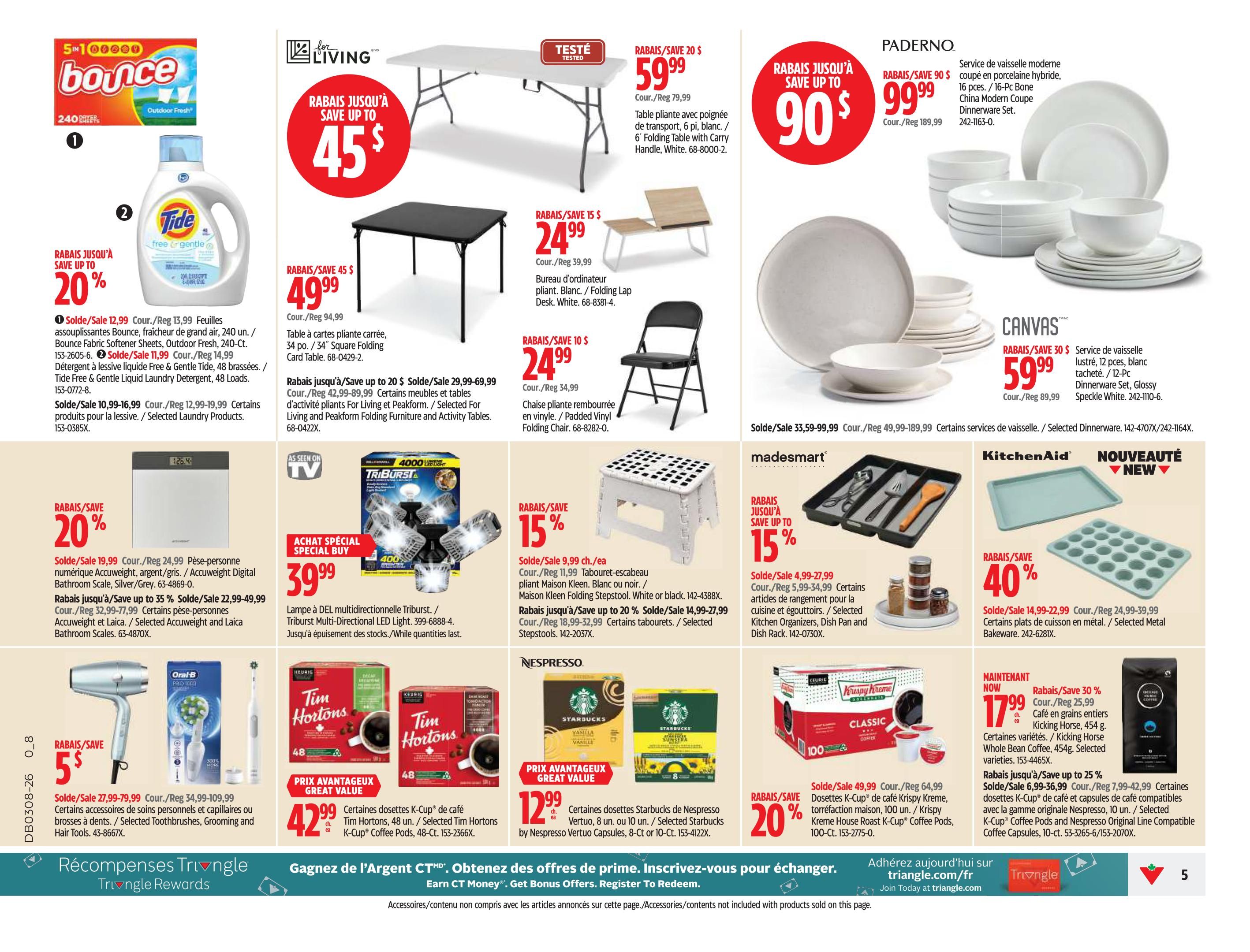 Canadian Tire Weekly Flyer Specials page 5 features a variety of household and kitchen items. Top left, Bounce Fabric Softener Sheets, Outdoor Fresh, 240 sheets, on sale for $12.99 (regular $13.99). Next to it, Tide Free & Gentle Liquid Laundry Detergent, 48 loads, is on sale for $11.99 (regular $14.99). Selected Laundry Products are also available. In the centre, a 6' Folding Table with Carry Handle in white is on sale for $59.99 (regular $79.99). Below that, a Padded Vinyl Folding Chair in white is on sale for $24.99 (regular $34.99). A 34' Square Folding Card Table is on sale for $49.99 (regular $94.99). To the right, a 16-Pc Bone China Modern Coupe Dinnerware Set is on sale for $99.99 (regular $189.99). Madesmart kitchen organizers, dish pans, and dish racks are 15% off, with prices ranging from $4.99-$27.99 (regular $5.99-$34.99). KitchenAid Metal Bakeware is 40% off, with prices from $14.99-$22.99 (regular $24.99-$39.99). A multi-directional LED light by Triburst is a special buy at $39.99. Several coffee products are featured: Tim Hortons K-Cup coffee pods (48 ct.) are $12.99. Starbucks by Nespresso Vertuo Capsules (8 or 10 ct.) are $12.99. Krispy Kreme House Roast K-Cup Coffee Pods (100 ct.) are on sale for $49.99 (regular $64.99), with a 20% discount. Kicking Horse Whole Bean Coffee, 454g, is $17.99 (regular $25.99), a 30% saving. Selected K-Cup Coffee Pods and Nespresso Original Line Compatible Coffee Capsules are on sale for $6.99-$36.99 (regular $7.99-$42.99), up to 25% off. A digital bathroom scale is on sale for $19.99 (regular $24.99), and selected Accuweight and Laica bathroom scales are on sale for $22.99-$49.99 (regular $32.99-$77.99), up to 35% off. Personal care and hair tools are on sale for $5 (regular $34.99-$109.99). A white folding stepstool is on sale for $9.99 (regular $11.99), and selected stepstools are up to 20% off, priced from $14.99-$27.99 (regular $18.99-$32.99).