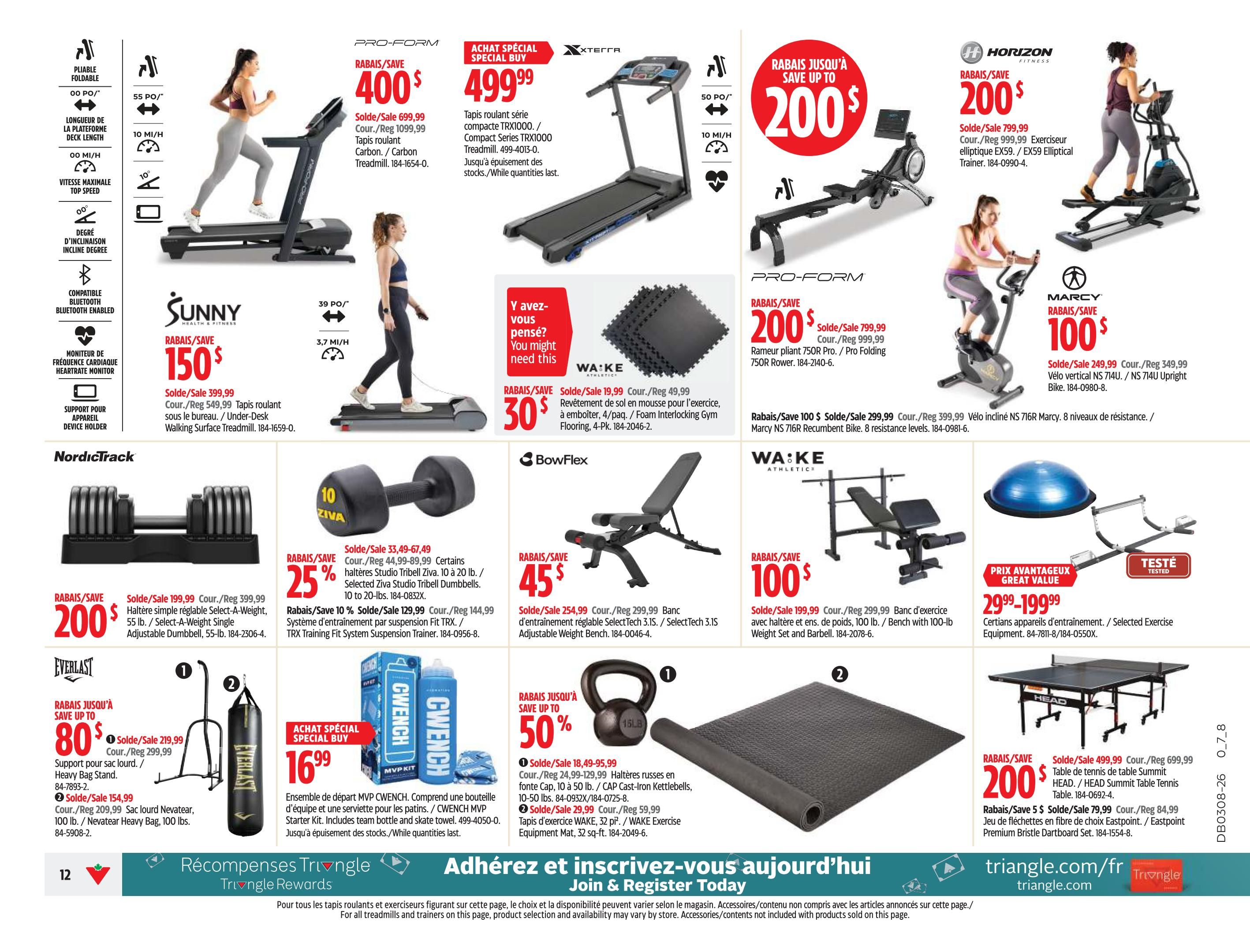 Canadian Tire weekly flyer specials page 12 features a variety of fitness equipment. On the top left, a ProForm Carbon Treadmill is on special for $499.99, a $400 savings from its regular price of $699.99. Next to it, a ProForm Pro Folding 750R Rower is on sale for $599.99, down from $799.99. To the right, a Horizon Fitness EX59 Elliptical Trainer is available for $599.99, a $200 discount from $799.99. Below the rower, a Marcy NS 716R Recumbent Bike is priced at $199.99, down from $299.99. In the middle section, a Sunny Health & Fitness Under-Desk Walking Surface Treadmill is on sale for $249.99, a $150 savings from $399.99. A WA:KE Athletics Foam Interlocking Gym Flooring, 4-pack, is $30. A Bowflex SelectTech 3.1S Adjustable Weight Bench is on sale for $249.99, down from $299.99. A Marcy Cast-Iron Kettlebells set (10-50 lbs) is on sale for $79.99, down from $129.99. A WA:KE Exercise Mat, 32 sq ft, is $29.99. In the bottom left, a NordicTrack Select-A-Weight Single Adjustable Dumbbell (55 lb) is $199.99, down from $399.99. A Ziva Studio Tribell Dumbbells set (10-20 lbs) is 25% off, priced at $33.49-$67.49. A TRX Training Fit System Suspension Trainer is on sale for $144.99, down from $299.99. In the bottom middle, a CWENCH MVP Kit, including a team bottle and skate towel, is a special buy at $16.99. On the bottom right, a HEAD Summit Table Tennis Table is on sale for $499.99, down from $699.99. An Eastpoint Premium Bristle Dartboard Set is on sale for $79.99, down from $84.99. An Everlast Heavy Bag Stand is on sale for $219.99, down from $299.99. The matching Nevatear Heavy Bag (100 lbs) is $154.99, down from $209.99. Finally, a 'Great Value' selected exercise equipment bundle is priced from $29.99 to $199.99.