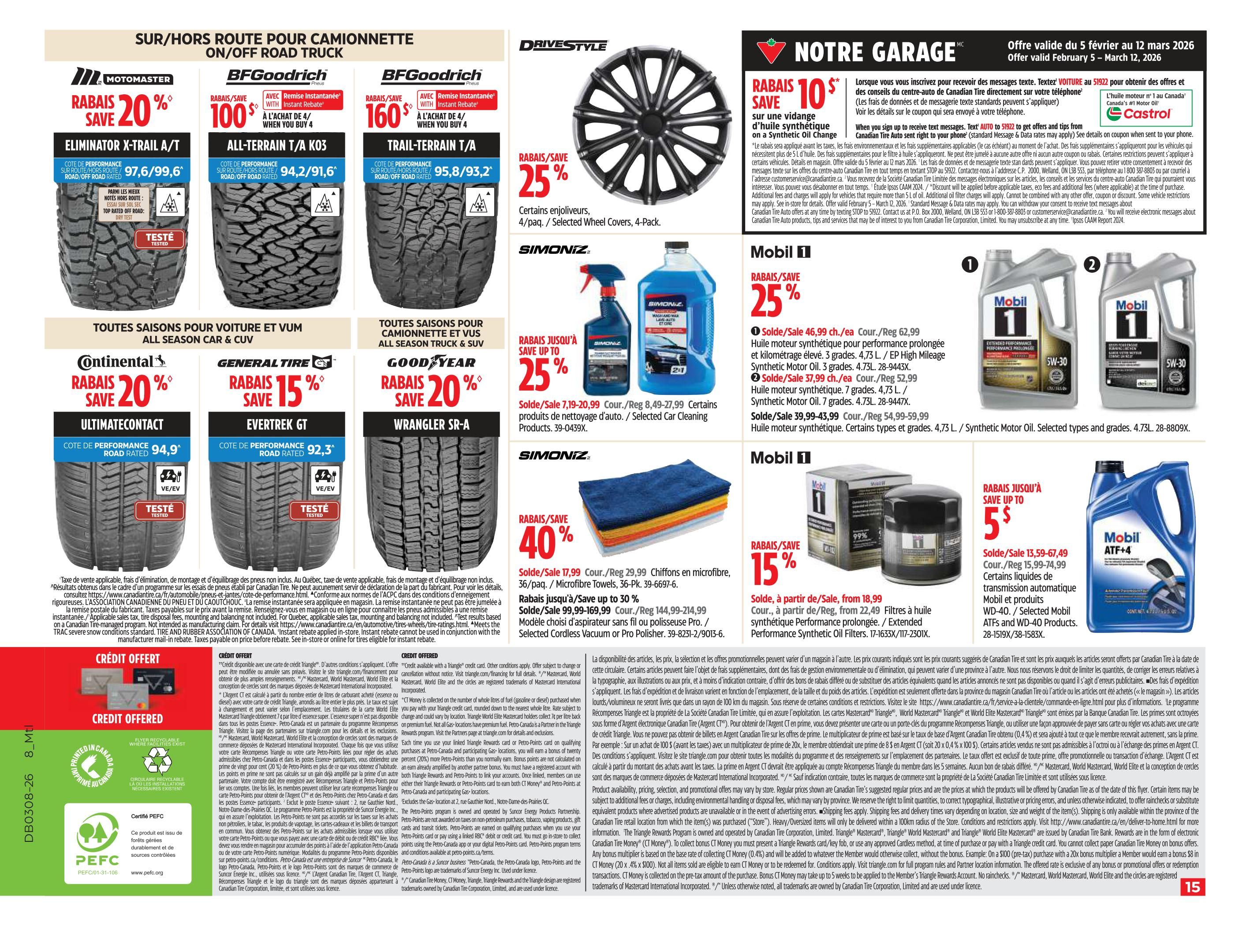 Canadian Tire weekly flyer specials page 15 featuring various automotive products. On the top left, Motomaster Eliminator X-Trail A/T tires are on sale with a 20% save discount. Next to them, BFGoodrich All-Terrain T/A KO2 tires offer a $100 instant rebate with the purchase of 4, and BFGoodrich Trail-Terrain T/A tires have a $160 instant rebate with the purchase of 4. Below these, Continental Ultimatecontact tires are 20% off, and General Tire Evertrek GT tires are 15% off. Goodyear Wrangler SR-A tires are also 20% off. In the centre, selected wheel covers are 25% off. The 'Notre Garage' section highlights a $10 save on synthetic oil change. Mobil 1 synthetic motor oil is on sale with 25% off for 3L and 7L sizes, and a 3-pack of 4.73L synthetic motor oil is on sale for $39.99-$43.99. Mobil 1 extended performance synthetic oil filters are on sale from $18.99. Also featured is a $5 save on various automatic transmission fluids and WD-40 products. Simoniz microfiber towels are on sale for $7.19-$20.99, and selected cordless vacuums or pro polishers are up to 30% off. The bottom section includes credit offer details and recycling information for PEFC certified products.