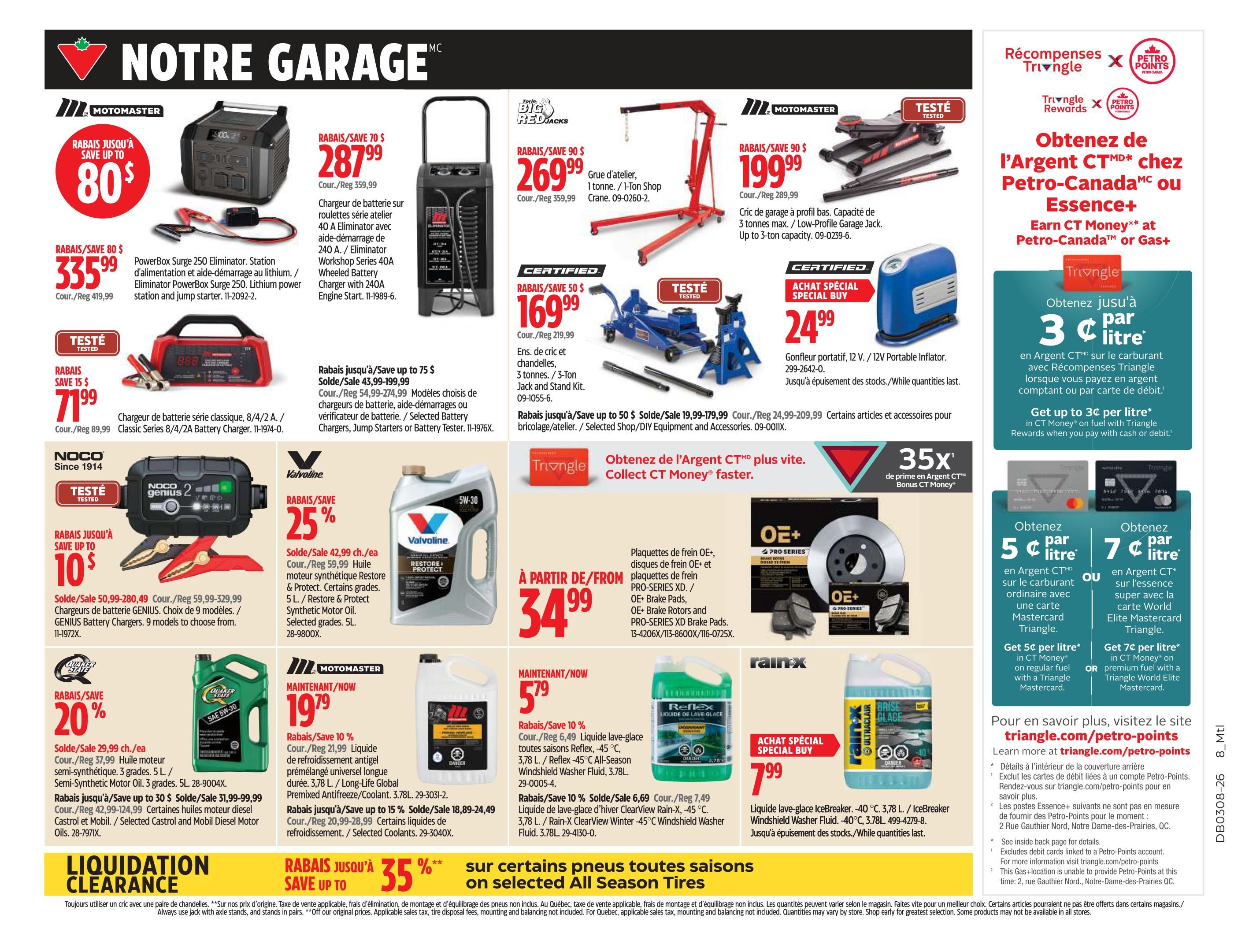 Canadian Tire weekly flyer specials page 16 featuring automotive products and Triangle Rewards offers. Motomaster PowerBox Surge 250 Eliminator station and jump starter on sale for $335.99 (save up to $80). Motomaster Eliminator Workshop Series 40A Wheeled Battery Charger with 240A Engine Start is $287.99 (save $70). Torin Big Red Jacks 1-tonne shop crane is $269.99 (save $90). Certified Low-Profile Garage Jack up to 3-ton capacity is $199.99 (save $90). Certified Classic Series 8/4/2A Battery Charger is $71.99 (save $15). NOCO Genius 2 Battery Chargers are on sale for $50.99-$280.49 (save up to $10). Valvoline Restore & Protect 5W-30 Synthetic Motor Oil is 25% off, priced at $42.99 each (regular $59.99). Quaker State Semi-Synthetic Motor Oil 5L is 20% off, priced at $29.99 each (regular $37.99). Also featuring Castrol and Mobil Diesel Motor Oils with savings up to $30. Motomaster Long-Life Global Premixed Universal Antifreeze/Coolant 3.78L is $19.79 (save 10%). Motomaster Coolants are on sale for $18.89-$24.49 (save up to 15%). Reflex 45°C All-Season Windshield Washer Fluid 3.78L is $5.79 (save 10%). Rain-X ClearView Winter -45°C Windshield Washer Fluid 3.78L is on sale for $6.69 (regular $7.49). Icebreaker Windshield Washer Fluid -40°C 3.78L is $7.99. OE+ Brake Pads and PRO-SERIES XD Brake Pads are featured. Special offer: Get up to 3¢ per litre in CT Money on fuel at Petro-Canada or Gas+ when you pay with cash or debit. Get 5¢ per litre in CT Money on regular fuel with a Triangle Mastercard, or 7¢ per litre on premium fuel with a Triangle World Elite Mastercard. Liquidation clearance on selected All Season Tires with savings up to 35%.