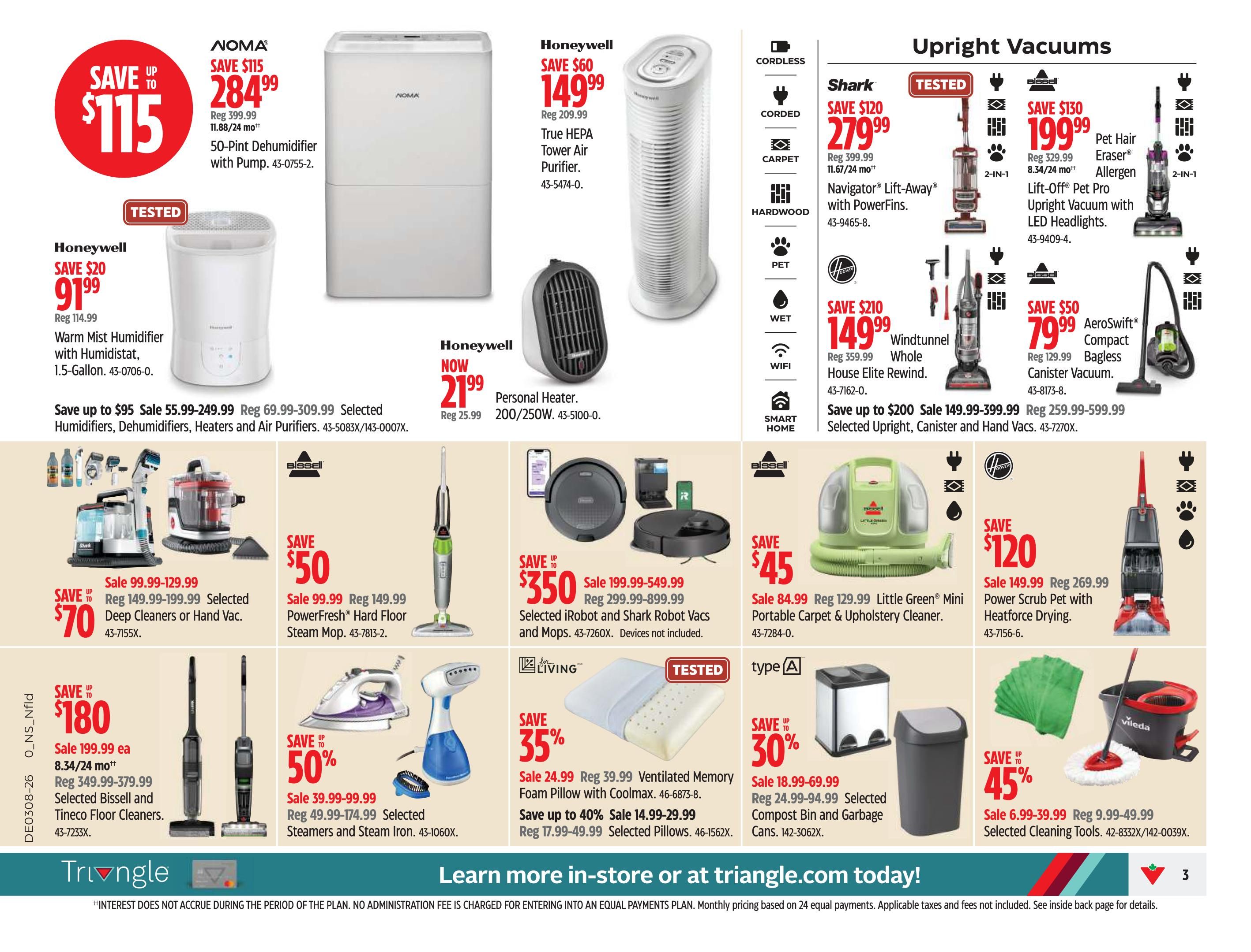 Canadian Tire Atlantic Canada weekly flyer specials, Page 3. Featured products include NOMA 50-Pint Dehumidifier with Pump on sale for $115 (save up to $115), Honeywell True HEPA Tower Air Purifier for $149.99 (save $60), and Honeywell Personal Heater for $21.99 (regular price $25.99). Upright vacuums are also featured: Shark Navigator Lift-Away with PowerFins for $279.99 (save $120), Bissell Pet Hair Eraser Allergen Lift-Off Pet Pro Upright Vacuum for $199.99 (save $130), and Hoover Windtunnel Whole House Elite Rewind for $149.99 (save $210). Other cleaning appliances on sale include Selected Deep Cleaners or Hand Vacs for $70 (save up to $70), Bissell PowerFresh Hard Floor Steam Mop for $50 (save $50), Selected iRobot and Shark Robot Vacs and Mops for $350 (save up to $350), Little Green Portable Carpet & Upholstery Cleaner for $45 (save $45), Selected Bissell and Tineco Floor Cleaners for $180 (save up to $180), Selected Steamers and Steam Iron for 50% off (sale $39.99-$99.99), Ventilated Memory Foam Pillow with Coolmax for 35% off (sale $24.99), Selected Pillows for up to 40% off (sale $14.99-$29.99), Selected Compost Bin and Garbage Cans for 30% off (sale $18.99-$69.99), and Selected Cleaning Tools for 45% off (sale $6.99-$39.99).