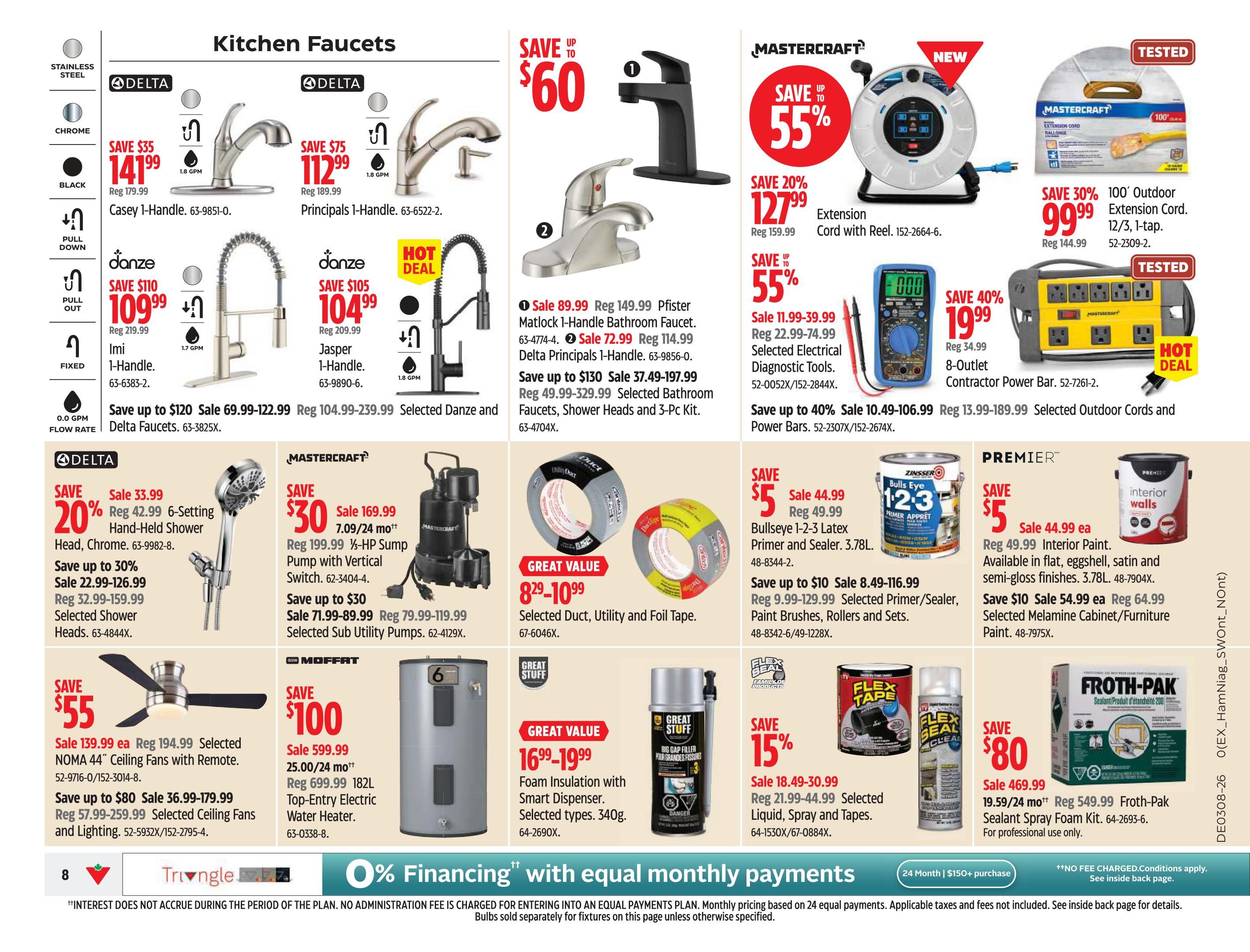 Canadian Tire Atlantic Canada weekly flyer specials page 8 features kitchen faucets and home improvement items. Save up to $60 on select kitchen faucets, including Delta Casey 1-Handle for $141.99 (reg $179.99) and Delta Principals 1-Handle for $112.99 (reg $189.99). Danze faucets are also on sale, with the Jasper 1-Handle for $104.99 (reg $219.99) and selected Danze and Delta faucets and shower heads starting from $37.49-$197.99. Mastercraft offers a 55% saving on an Extension Cord with Reel for $127.99 (reg $159.99) and a 100' Outdoor Extension Cord for $99.99 (reg $144.99). Other Mastercraft items include selected electrical diagnostic tools on sale for $11.99-$39.99 and power bars for $10.49-$106.99. Save $30 on a Mastercraft 1/3-HP Sump Pump with Vertical Switch for $169.99. Premier Interior Paint is on sale for $44.99, and selected Melamine Cabinet/Furniture Paint is $54.99. Great value items include selected duct, utility, and foil tape for $8.29-$10.99, and Foam Insulation with Smart Dispenser for $16.99-$19.99. Also featured are selected liquid, spray, and tapes on sale for $18.49-$30.99, and a Froth-Pak Sealant Spray Foam Kit for $469.99. Save $55 on NOMA 44' Ceiling Fans with Remote for $139.99 ea, and selected ceiling fans and lighting are on sale for $36.99-$179.99. Moffat Top-Entry Electric Water Heaters are $599.99. The flyer also highlights 0% financing with equal monthly payments on purchases of $150+ over 24 months.
