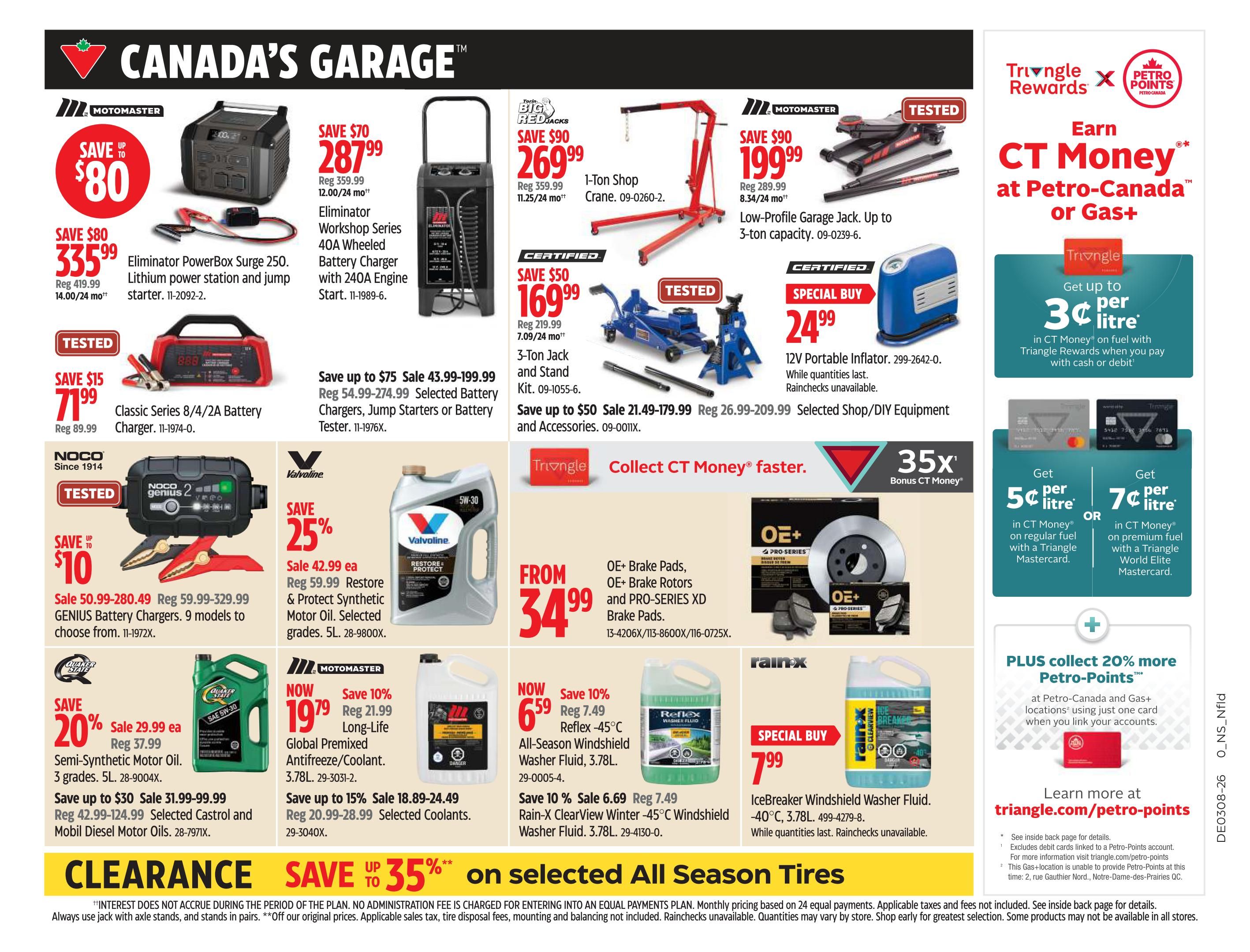 Canadian Tire flyer page 16 featuring automotive specials. Save up to $80 on a Motomaster Eliminator PowerBox Surge 250 Lithium power station and jump starter for $335.99. Save $70 on a Motomaster Eliminator Workshop Series 40A Wheeled Battery Charger with 240A Engine Start for $287.99. Save $90 on a Torin Big Red Jacks 1-Ton Shop Crane for $269.99. Save $50 on a Certified 3-Ton Jack and Stand Kit for $169.99. Save $15 on a Tested NOCO Classic Series 8/4/2A Battery Charger for $71.99. Save up to $10 on NOCO Genius Battery Chargers, 9 models available, starting at $50.99. Save 25% on Valvoline Restore & Protect Synthetic Motor Oil, 5L, for $42.99 each. Save 20% on Quaker State Semi-Synthetic Motor Oil, 5L, for $29.99 each. Save up to $30 on Castrol and Mobil Diesel Motor Oils, starting at $31.99. Now $19.79 for Motomaster Long-Life Global Premixed Antifreeze/Coolant, 3.78L, save 10%. Save up to 15% on selected coolants, starting at $18.89. Now $6.59 for Reflex All-Season Windshield Washer Fluid, 3.78L, save 10%. Save 10% on Rain-X ClearView Winter -45°C Windshield Washer Fluid, 3.78L, for $6.69. Special Buy: 12V Portable Inflator for $24.99. OE+ Brake Pads and OE+ Brake Rotors are on sale from $34.99. Save up to 35% on selected all-season tires. Also features information on earning CT Money at Petro-Canada and Gas+ locations, with offers for earning 3¢, 5¢, or 7¢ per litre in CT Money with Triangle Rewards and eligible Mastercards.