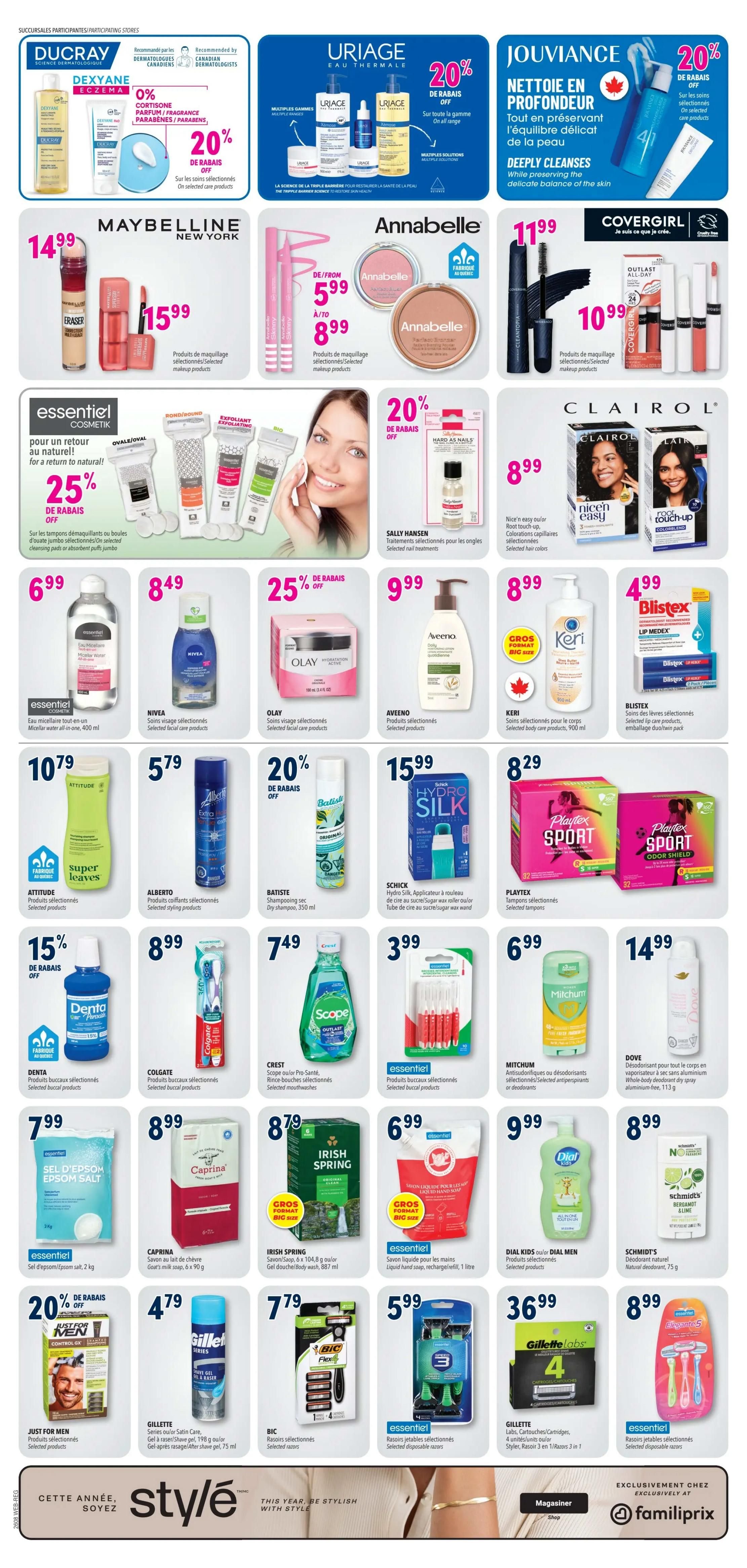 Familiprix weekly flyer specials page 4. Top row features Ducray Dexyane Eczema products with 20% off selected care products, Uriage Eau Thermale skincare with 20% off the entire range, and Jouviance skincare with 20% off selected care products. Middle row includes Maybelline New York makeup products for $15.99, Annabelle makeup products from $5.99 to $8.99, and Covergirl makeup products for $10.99. Also featured are Essentiel Cosmetik cleansing pads with 25% off selected jumbo cleansing pads or absorbent puffs, Sally Hansen nail treatments, and Clairol Nice'n Easy or Root Touch-up hair colours for $8.99. Second row from bottom showcases Essentiel Cosmetik Micellar Water all-in-one for $6.99, Nivea selected facial care products for $8.49, Olay selected facial care products with 25% off, Aveeno Daily Moisturizing Lotion for $9.99, Keri selected body care products, 900 ml for $8.99, and Blistex selected lip care products, twin pack for $4.99. Bottom row displays Attitude selected products, Alberto selected styling products, Batiste dry shampoo for $7.49, Denta selected buccal products with 15% off, Colgate selected toothbrushes for $8.99, Playtex selected tampons, Crest Scope Pro-Santé mouthwash for $7.49, Essentiel Cosmetik liquid hand soap refill for $6.99, Dial Kids or Dial Men selected products for $9.99, Schmidt's natural deodorant for $8.99, Just for Men selected products, Gillette series or Satin Care shave gel for $4.79, BIC selected razors, Gillette Labs cartridges for $36.99, and Essentiel Cosmetik selected disposable razors. The bottom of the page has a 'This year, be stylish with style' message and 'Exclusively at Familiprix'.