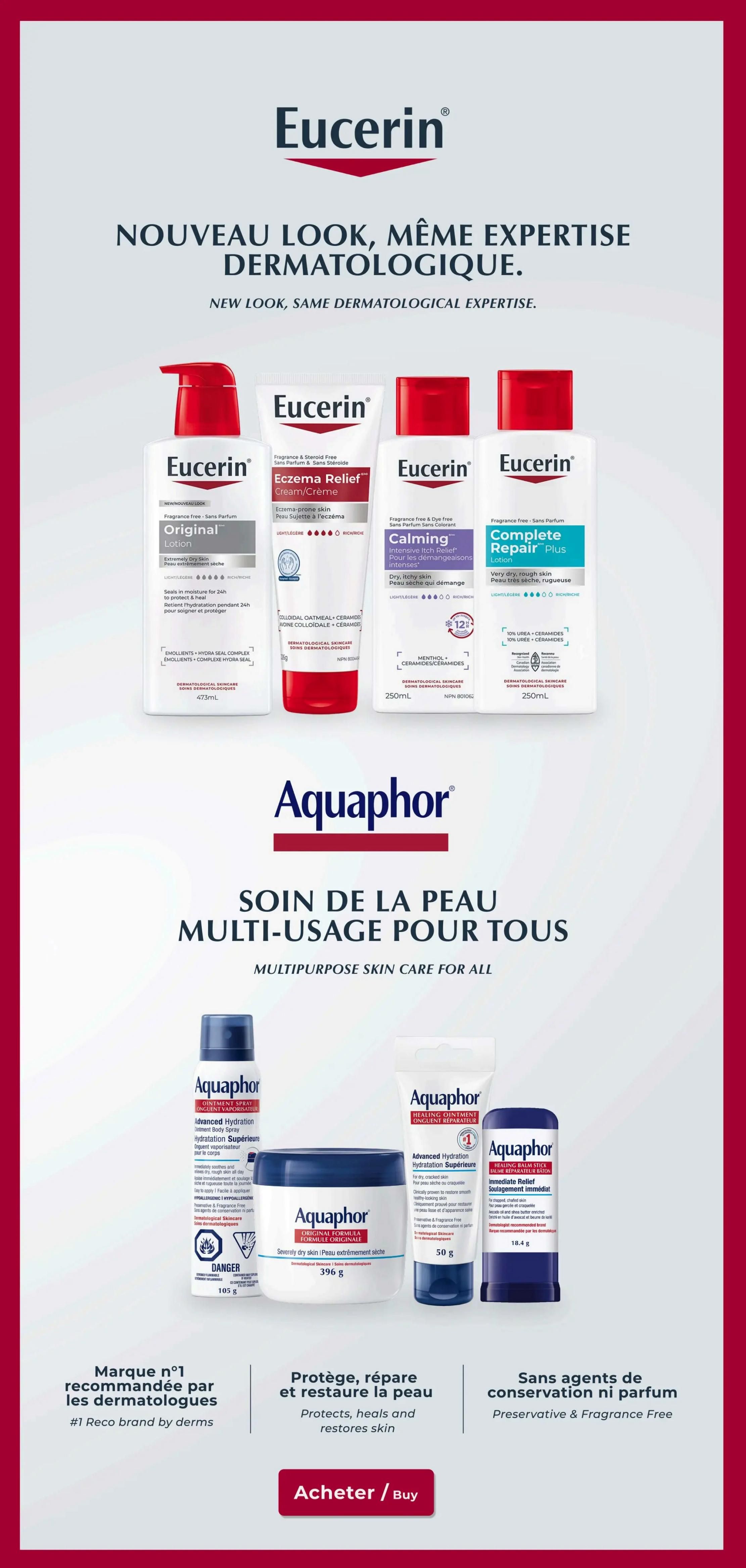 Familiprix weekly flyer specials page 6 features Eucerin and Aquaphor skincare products. Eucerin offers Original Lotion for extremely dry skin (473mL), Eczema Relief Cream/Crème (26g), Calming Intensive Itch Relief (250mL), and Complete Repair Plus Lotion for very dry, rough skin (250mL). Aquaphor promotes its multipurpose skin care with products like Advanced Hydration Ointment Body Spray (105g), Original Formula Ointment (396g), Advanced Hydration Healing Ointment (50g), and Healing Balm Stick (18.4g). The page highlights that Eucerin is the #1 recommended brand by dermatologists and that Aquaphor protects, heals, and restores skin, being preservative and fragrance-free.