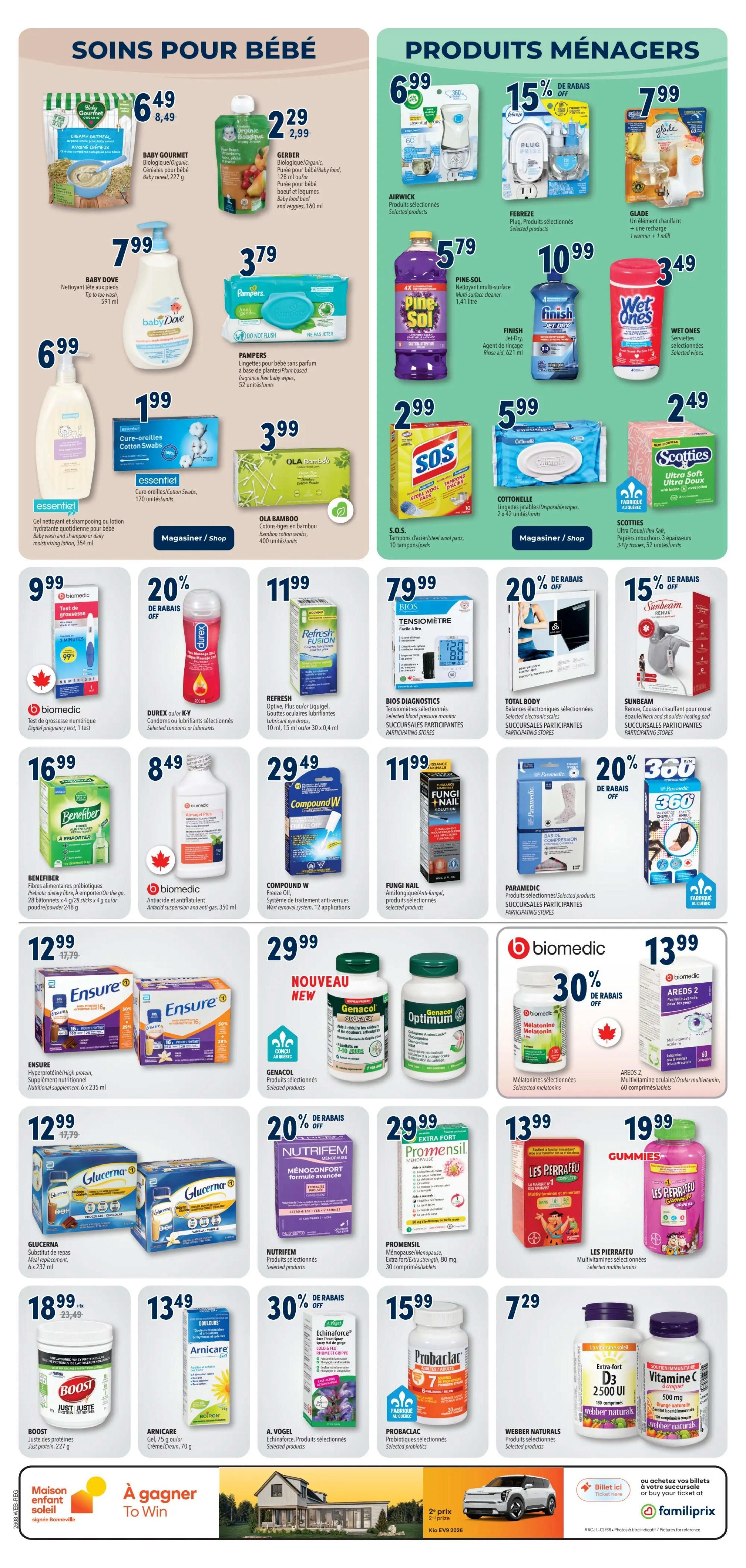 Familiprix weekly flyer specials page 7 features baby care and household products. In baby care, find Baby Gourmet Organic Creamy Oatmeal cereal for $6.49, Gerber Organic Baby Food pouches for $2.29, Baby Dove Tip to Toe Wash for $6.99, Essentiel Cotton Swabs for $1.99, and Ola Bamboo Cotton Swabs for $3.99. Household products include Air Wick air freshener for $6.99, Febreze Plug-in Air Freshener with 15% off, Glade PlugIns warmer with 1 refill for $7.99, Pine-Sol multi-surface cleaner for $5.79, Finish Jet-Dry rinse aid for $10.99, and Wet Ones wipes for $3.49. Also available are S.O.S. Steel Wool pads for $2.99, Cottonelle disposable wipes for $5.99, and Scotties facial tissues for $2.49. Health and wellness items include Biomedic digital pregnancy test for $9.99, Durex condoms or lubricants for 20% off, Refresh Fusion eye drops for $11.99, Benefiber prebiotic dietary fibre for $16.99, Biomedic antacid suspension for $8.49, Compound W wart removal system for $29.99, Ensure high protein nutritional supplement for $12.99 (originally $17.79), Glucerna meal replacement for $12.99, Promensil extra strength for $29.99, Les Pierrafeu multivitamins for $13.99, Gummies for $19.99, Boost Just Juste protein for $18.99 (originally $23.49), Arnicare gel for $13.49, A. Vogel Echinacea spray for $7.29, Probaclac probiotics for $15.99, Webber Naturals D3 and Vitamin C supplements, and Biomedic Melatonin for 30% off.