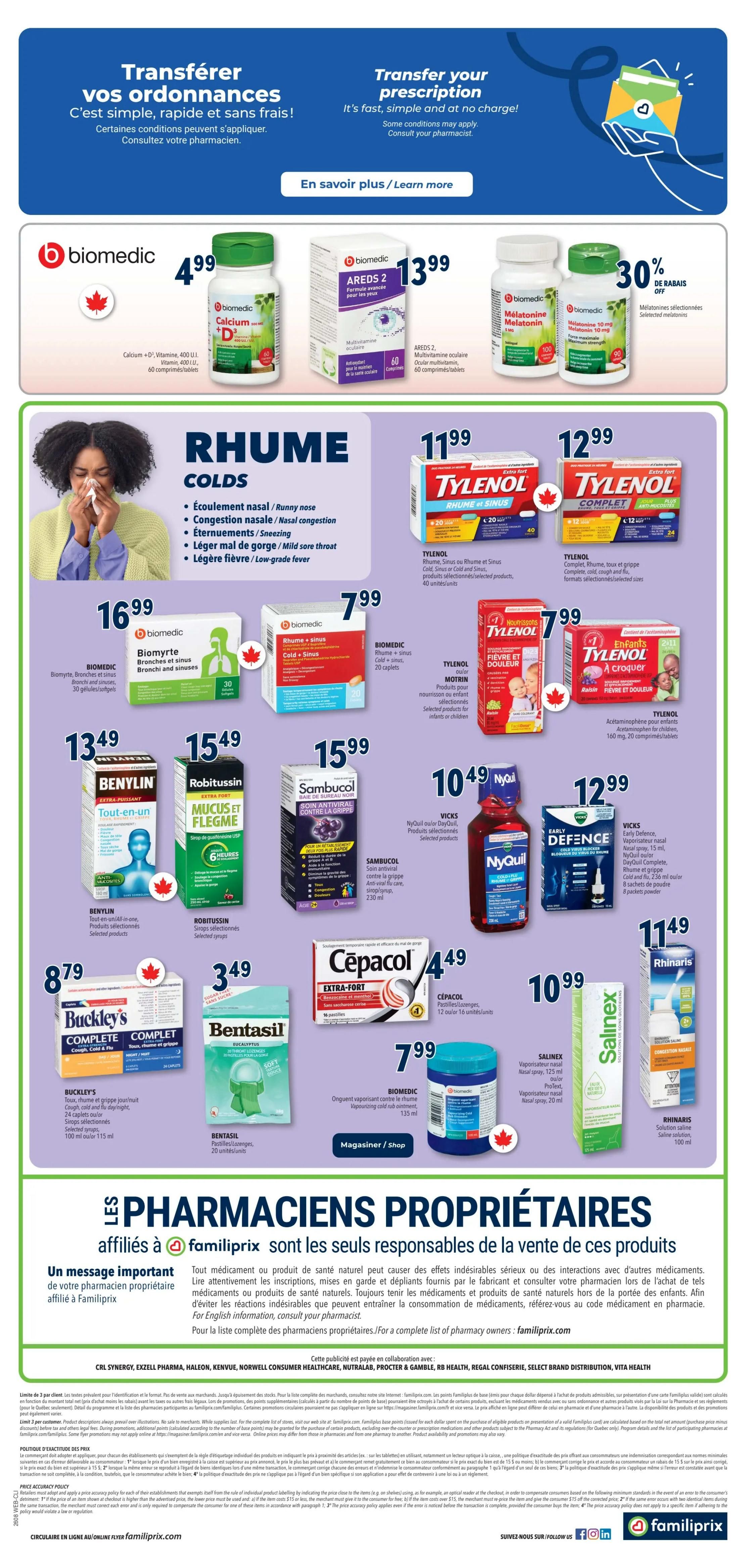 Familiprix flyer, page 3 of 3. Features a section on cold and flu relief products. Includes Biomedic Calcium + D3 for $4.99, Biomedic AREDS 2 Ocular Multivitamin for $13.99, and selected Biomedic Melatonin products at 30% off. Also features Tylenol Rhume et Sinus Extra Strength for $11.99, Tylenol Complet Extra Strength for $12.99, Biomedic Biomyrte Bronchi and Sinuses for $16.99, Biomedic Cold + Sinus for $7.99, Benylin Tout-en-un for $13.49, Robitussin selected syrups for $15.49, Sambucol antiviral for $15.99, Buckley's Complete Cough, Cold and Flu Day/Night for $8.79, Bentasil Pastilles/Lozenges for $3.49, Cepacol Extra-Fort Pastilles/Lozenges for $4.49, NyQuil or DayQuil selected products for $10.99, Vicks Early Defence Nasal Spray for $12.99, and Rhinaris Saline Solution for $11.49. The page also highlights a service to transfer prescriptions for free and provides information about affiliated pharmacists. The validity dates are February 19 to February 25, 2026.
