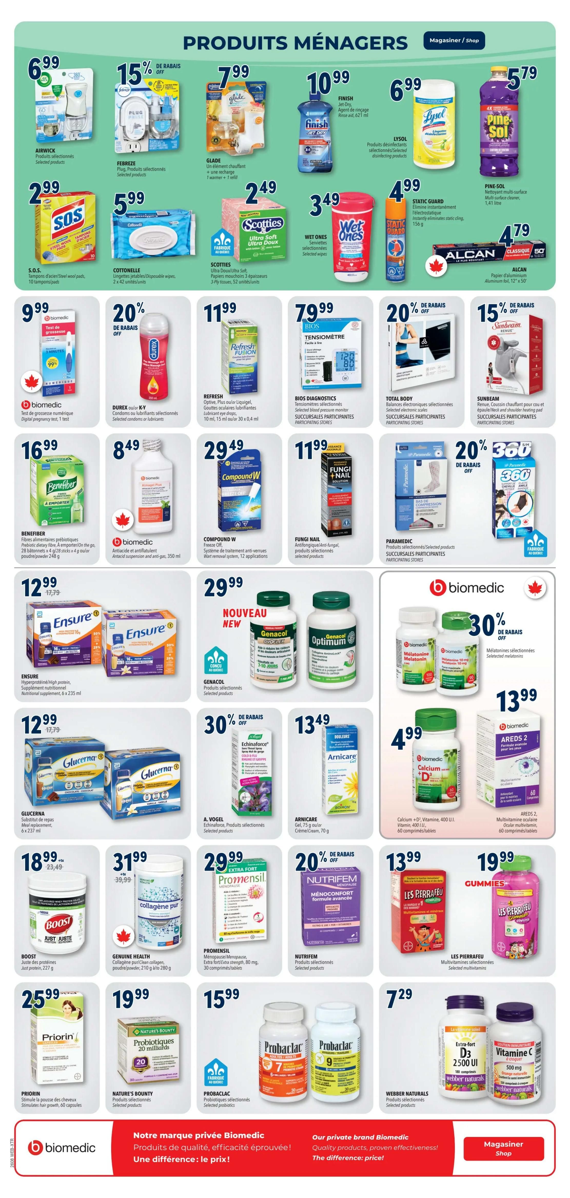 Familiprix flyer page 10 features a variety of household and health products. Household items include Air Wick Essential Oils for $6.99, Febreze Plug refills at 15% off, Glade warmer and refill for $7.99, Finish Jet-Dry rinse aid for $10.99, Lysol disinfecting wipes for $6.99, and Pine-Sol multi-surface cleaner for $5.79. Also available are S.O.S. steel wool pads for $3.49, Cottonelle disposable wipes for $5.99, and Scotties Ultra Soft facial tissues for $2.49. Alucan aluminum foil is $4.79. Health and wellness products include Biomedic digital pregnancy tests for $9.99, Durex condoms or lubricants selected products for $9.99, Refresh Fusion eye drops for $11.99, and Static Guard for $4.99. Bios Diagnostics blood pressure monitor is $79.99. Total Body electronic personal scales are 20% off. Sunbeam heating pad is 15% off. Benefiber prebiotic dietary fiber is $16.99. Biomedic Almagel Plus antacid suspension is $8.49. Compound W Freeze Off wart removal system is $29.49. Fungi Nail antifungal solution is $11.99. Paramedic compression socks are 20% off. Paramedic 360 elastic ankle bandage is $3.99. Ensure nutritional supplements are featured. Glucerna meal replacements are $12.99 (originally $17.79). Genacol Optimum is available. A. Vogel Echinaceaforce spray is 30% off. Biomedic Melatonin 10 mg is selected products with 30% off. Areds 2 multivitamin eye health supplements are $13.99. Boost Just Protein powder is $18.99 (+ tax, originally $23.49). Genuine Health pure collagen powder is $31.99 (originally $39.99). Promensil Menopause/Menopause extra strength tablets are $29.99. Priorin hair growth capsules are $25.99. Nature's Bounty Probiotics 20 billion is $19.99. ProBaclac selected probiotics are $15.99. Webber Naturals Extra-Strength Vitamin D3 2500 IU and Vitamin C 500 mg chewables are $7.29. Les Pierrafeu multivitamins are $13.99 and Les Pierrafeu Gummies are $19.99. The page also highlights Familiprix's private brand, Biomedic, offering quality products at a great price.