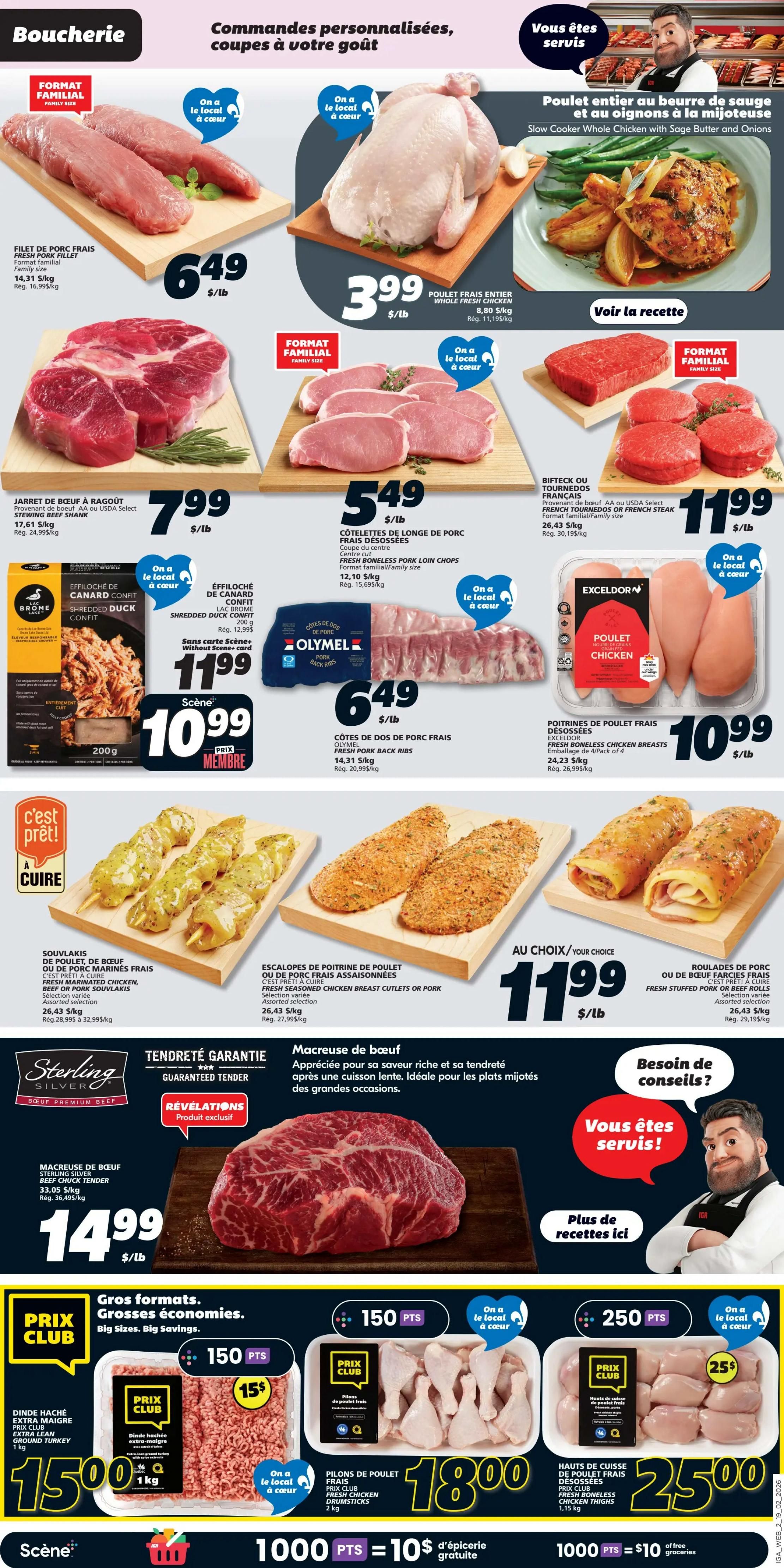 IGA Weekly Flyer Specials Page 4 features a variety of fresh meat and poultry. Highlights include Family Size Fresh Pork Fillet for $6.49/lb, Slow Cooker Whole Chicken with Sage Butter and Onions, Stewing Beef Shank for $7.99/lb, and Family Size French Tournedos or French Steak for $11.99/lb. Also featured are Olymel Pork Back Ribs for $6.49/lb, Exceldor Fresh Boneless Chicken Breasts (4 pack) for $10.99/lb, and Fresh Marinated Chicken, Beef or Pork Souvlakis for $26.43/kg. Ready-to-cook options include Fresh Seasoned Chicken Breast Cutlets or Pork for $26.43/kg and Fresh Stuffed Pork or Beef Rolls for $26.43/kg. Sterling Silver Beef Chuck Tender is available for $14.99/lb. The flyer also promotes 'Big Sizes, Big Savings' with Club Price deals: Extra Lean Ground Turkey (1 kg) for $15.00, Fresh Chicken Drumsticks (2 kg) for $18.00, and Fresh Boneless Chicken Thighs (1.15 kg) for $25.00. Scene+ members can earn points on select purchases, with 1000 points equaling $10 of free groceries.