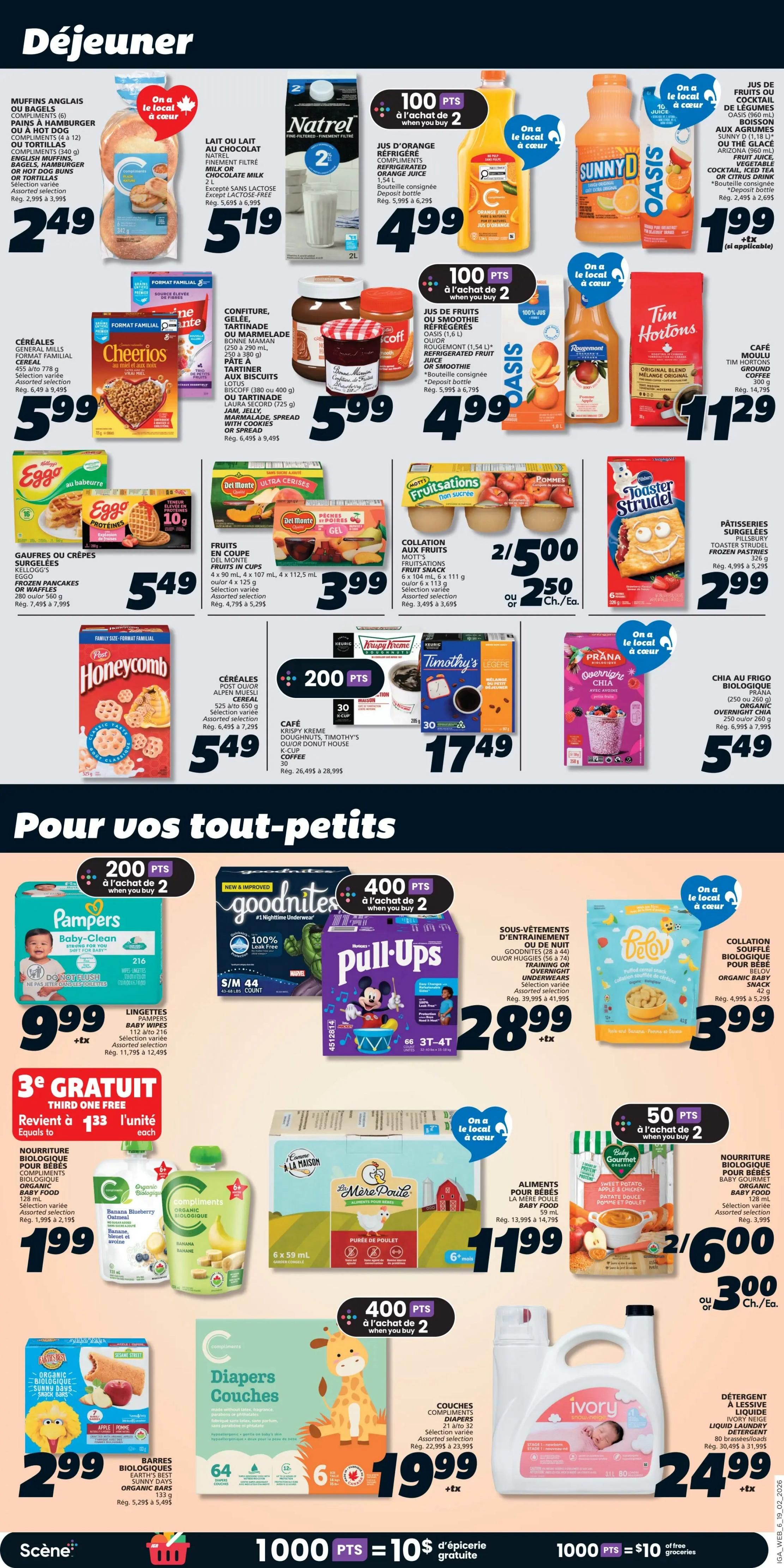 Page 8 of the IGA flyer features breakfast items and baby essentials. Breakfast deals include Compliments English Muffins or Bagels for $2.49, Natrel Fine Filtered Milk or Chocolate Milk (2 L) for $5.19, and a 'On a le local à cœur' promotion on Oasis Juice or Sunny D for $1.99. General Mills Cereals like Cheerios are $5.99. Eggo Frozen Pancakes or Waffles are $5.49. Mott's Fruitations Fruit Snack is 2 for $5.00 or $2.50 each. Post Honeycomb Cereal is $5.49. Timothy's K-Cup Coffee is $17.49. Prana Organic Overnight Chia is $5.49. For baby needs, Pampers Baby-Clean Wipes (112 to 216 count) are $9.99. Goodnites or Huggies Training/Overnight Underwear (56 to 74 count) are $28.99. Compliments Organic Baby Food pouches (Banana Blueberry or Banana) are 3rd one free, equaling $1.33 each with purchase of 2, originally $1.99. Baby Gourmet Organic Baby Food (128 mL) is 2 for $6.00 or $3.00 each. La Mère Poule Baby Food (6 x 59 mL) is $11.99. Earth's Best Organic Sunny Days Snack Bars are $2.99. Compliments Diapers (21 to 32 count) are $19.99. Ivory Snow Liquid Laundry Detergent (80 loads) is $24.99. The flyer also highlights 1000 points equals $10 of free groceries.