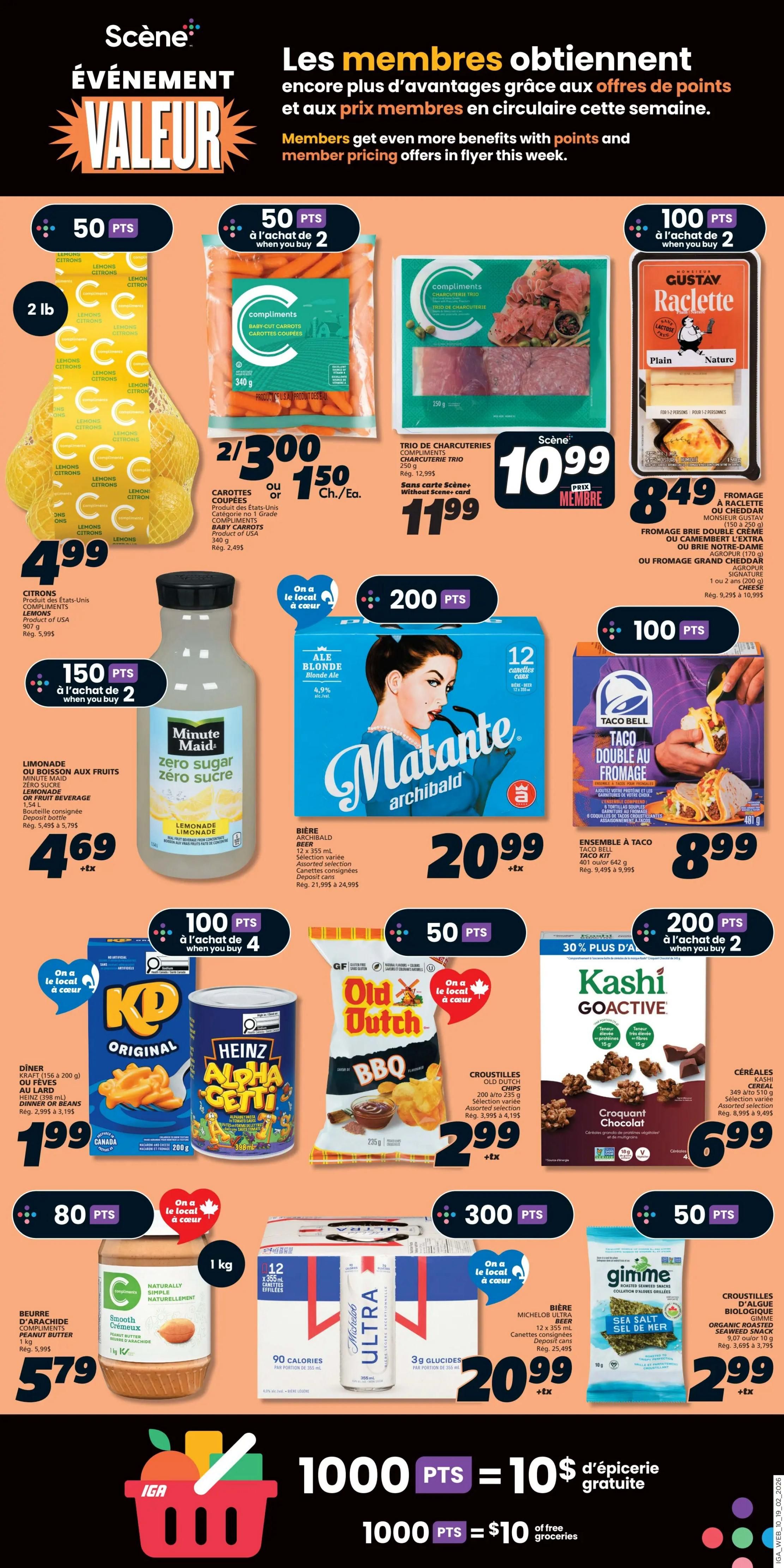IGA Weekly Flyer Specials Page 12: Features a 'Value Event' with bonus Scene+ points on select purchases. Offers include Compliments Lemons for $4.99, Compliments Baby-Cut Carrots for 2 for $3.00 ($1.50 each), Monsieur Gustav Raclette or Cheddar Cheese for $8.49. Also featured are Compliments Charcuterie Trio for $10.99 (regular $12.99) or $11.99 without Scene+ card, Minute Maid Zero Sugar Lemonade or Fruit Beverage for $4.69, Archibald Beer 12-pack for $20.99 (regular $21.99 to $24.99), Taco Bell Taco Kit for $8.99 (regular $9.49 to $9.99). Additional offers with Scene+ points include 50 points when you buy 2 Compliments Lemons, 100 points when you buy 2 Compliments Baby-Cut Carrots, 200 points when you buy 2 Archibald Beer, 100 points when you buy 4 Kraft Dinner or Heinz Alpha Getti, 50 points when you buy Old Dutch Chips, 200 points when you buy 2 Kashi Go-Active Cereal, 80 points when you buy Compliments Peanut Butter, 300 points when you buy Michelob Ultra Beer, and 50 points when you buy Gimme Organic Roasted Seaweed Snacks. The bottom of the page highlights a promotion: 1000 Scene+ points equals $10 of free groceries.