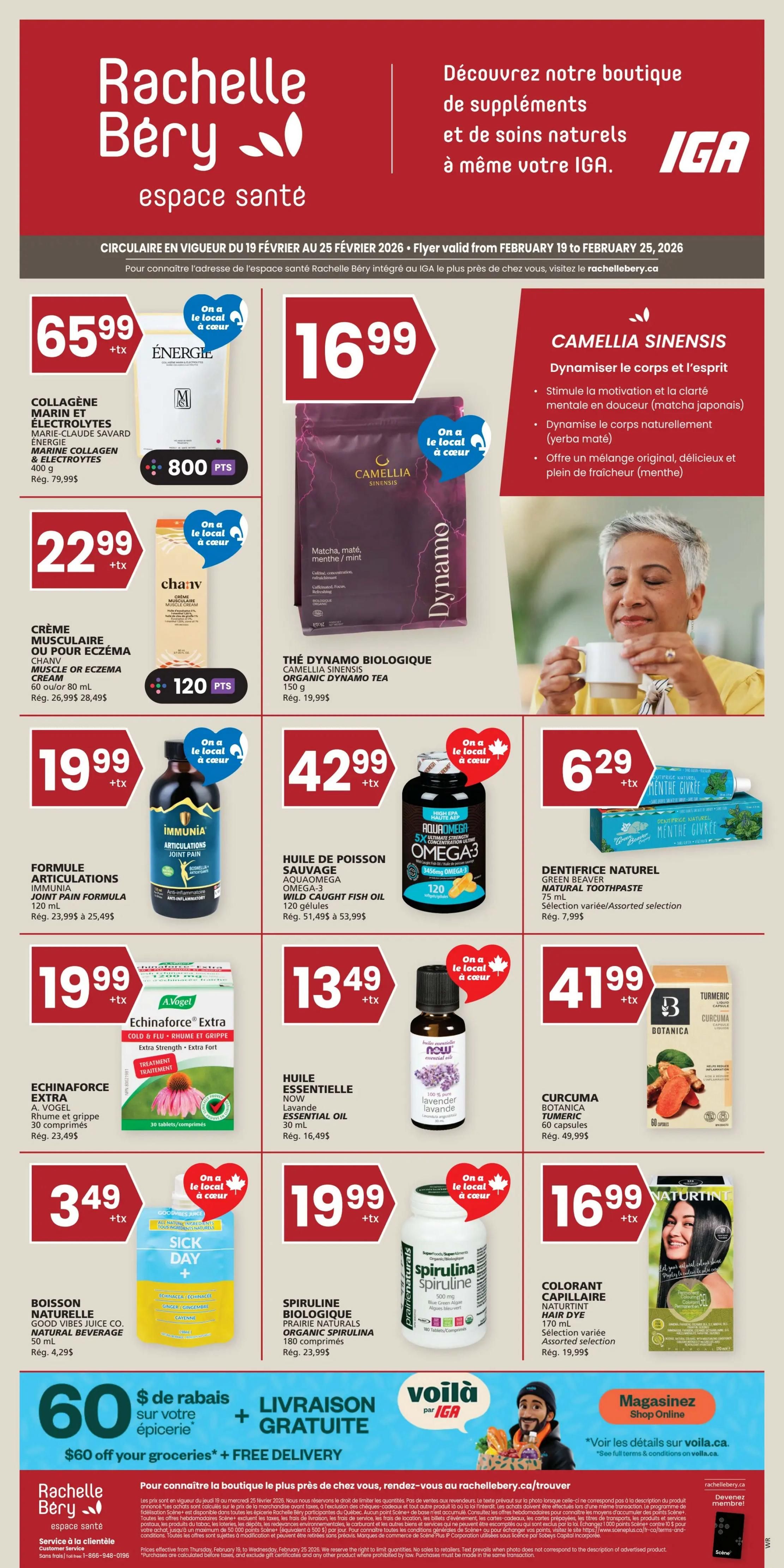 Page 17 of the IGA flyer featuring Rachelle Bery's 'espace santé' (health space). Featured products include Marie-Claude Savard Énergie Marine Collagen & Electrolytes for $65.99, Chanv Muscle or Eczema Cream for $22.99, and Camellia Sinensis Organic Dynamos Tea for $16.99. Also on sale are Immunia Joint Pain Formula for $19.99, AquaOmega Wild Caught Fish Oil for $42.99, Green Beaver Natural Toothpaste for $6.29, A. Vogel Echinaceaforce Extra for $19.99, Now Essential Oil Lavender for $13.49, Botanica Turmeric Curcuma for $41.99, Good Vibes Juice Sick Day Natural Beverage for $3.49, Prairie Naturals Organic Spirulina for $19.99, and Naturtint Hair Dye for $16.99. The flyer also highlights a $60 discount on groceries with free delivery. Shop online at voila.ca.