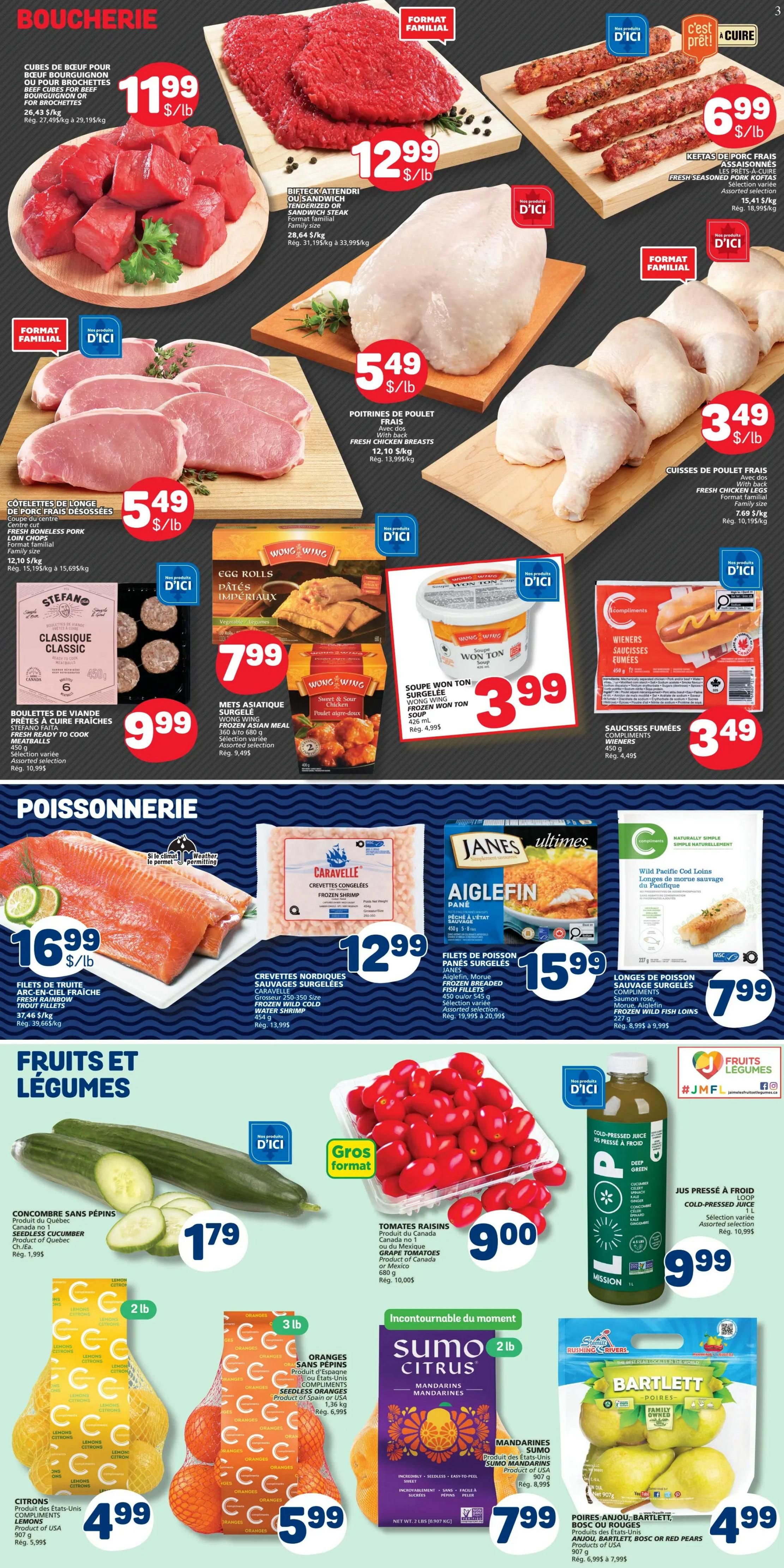 Marché Bonichoix flyer page 4 features a variety of meat, seafood, and produce. In the butcher section, find Beef Cubes for Bourguignon or Brochettes at $11.99/lb, Tenderized or Sandwich Steak at $12.99/lb, Fresh Seasoned Pork Koftas for $6.99/lb, Fresh Boneless Pork Loin Chops for $5.49/lb, and Fresh Chicken Legs for $3.49/lb. Also available are Stefano Fresh Ready to Cook Meatballs for $9.99 and Wong Wing Frozen Asian Meal (Sweet & Sour Chicken) for $7.99. Wong Wing Frozen Won Ton Soup is $3.99 and Compliments Wieners are $3.49. In the seafood section, Fresh Rainbow Trout Fillets are $16.99/lb, Caravelle Frozen Wild Cold Water Shrimp are $12.99, Janes Frozen Breaded Fish Fillets are $15.99, and Compliments Frozen Wild Fish Loins are $7.99. The fruits and vegetables section includes Seedless Cucumber for $1.79, Grape Tomatoes for $9.00, Loop Cold-Pressed Juice for $9.99, Compliments Lemons for $4.99, Compliments Seedless Oranges for $5.99, Sumo Mandarins for $7.99, and Bartlett, Bosc or Red Pears for $4.99.