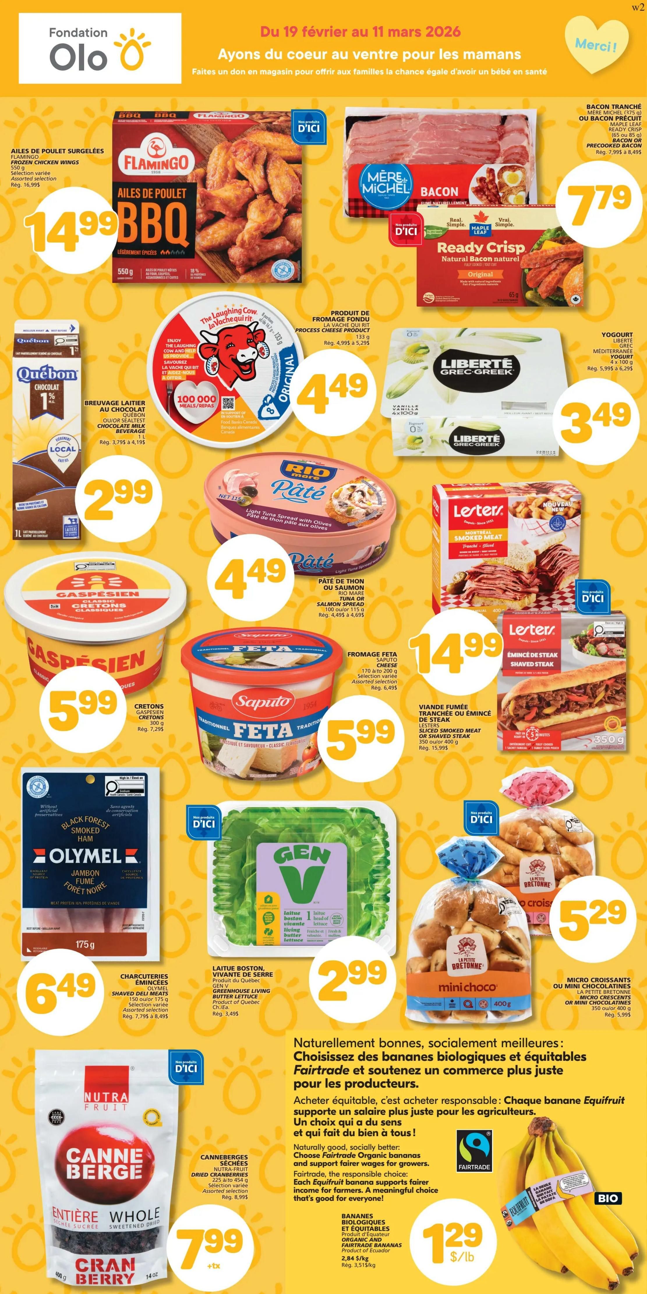 Marché Bonichoix weekly flyer page 6 features a variety of food specials. Highlighted items include Flamingo frozen chicken wings for $14.99, Maple Leaf Ready Crisp bacon or precooked bacon for $7.79, and Lesters sliced Montreal smoked meat or shaved steak for $14.99. Other deals include Québon 1% chocolate milk beverage for $2.99, The Laughing Cow cheese product for $4.49, Liberté Greek yogurt for $3.49, Gaspesien classic cretons for $5.99, Saputo traditional Feta cheese for $5.99, Olymel Black Forest smoked ham for $6.49, Gen V Greenhouse living butter lettuce for $2.99, La Petite Bretonne mini croissants or mini chocolats for $5.29, Nutra-Fruit dried cranberries for $7.99 + tax, and Equifruit organic and Fairtrade bananas for $1.29/lb. The flyer also promotes a donation campaign for mothers through the Fondation Olo.