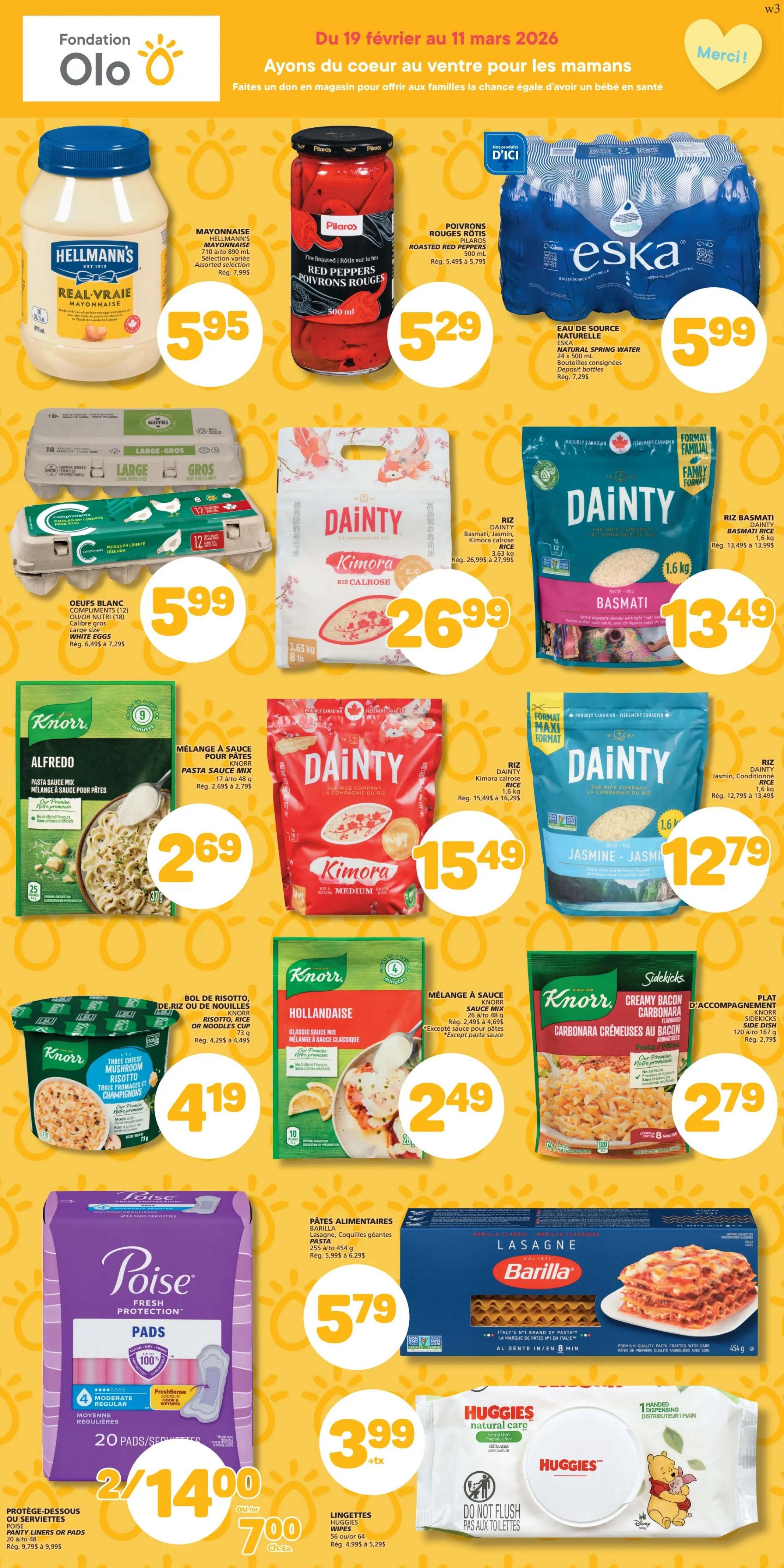 Marché Bonichoix weekly flyer specials page 7 features Hellmann's Real Mayonnaise for $5.95, Pïlaros Roasted Red Peppers for $5.29, and Eska Natural Spring Water (24 x 500 ml) for $5.99. Also on sale are Compliments Large White Eggs (18 count) for $5.99, Dainty Kimora Calrose Rice (3.63 kg) for $26.99, and Dainty Basmati Rice (1.6 kg) for $13.49. Knorr Alfredo Pasta Sauce Mix is $2.69, Knorr Risotto, Rice or Noodles Cup (73 g) is $4.19, and Knorr Hollandaise Classic Sauce Mix is $2.49. Knorr Sidekicks Creamy Bacon Carbonara (120 g to 167 g) is $2.79. Poise Panty Liners or Pads (20 count) are 2 for $14.00 or $7.00 each. Barilla Lasagne pasta (255 g to 454 g) is $5.79. Huggies Natural Care Wipes (56 or 64 count) are $3.99.