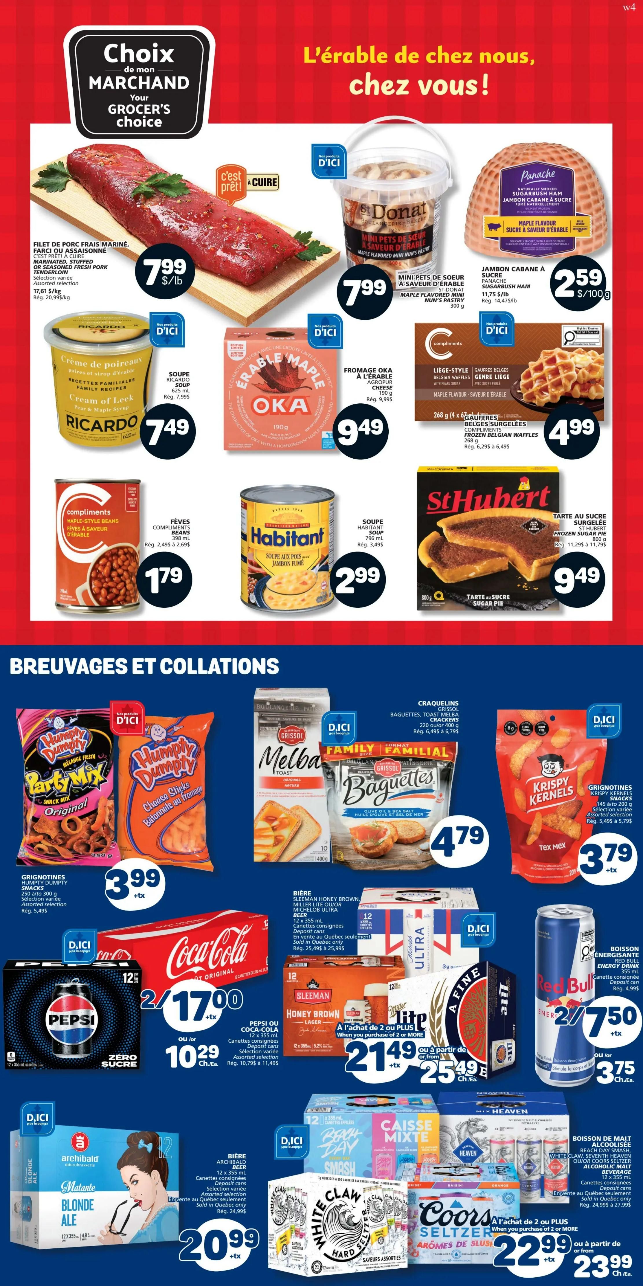 Marché Bonichoix weekly flyer page 8 features a selection of groceries and beverages. Top row includes Marinated, Stuffed, or Seasoned Fresh Pork Tenderloin for $7.99/lb, St-Donat Maple Flavoured Mini Nun's Pastry for $7.99, and Panache Naturally Smoked Sugarbush Ham for $2.59/100g. Below are Ricardo Cream of Leek Soup for $7.49, Oka Maple Flavour Agropur Cheese for $9.49, and St-Hubert Frozen Sugar Pie for $9.49. The bottom section, 'Beverages and Snacks', showcases Humpty Dumpty Party Mix Original for $3.99, Humpty Dumpty Cheese Sticks for $3.99, Grissol Melba Toast Crackers for $4.79, and Krispy Kernels Snacks for $3.79. Drink options include Pepsi or Coca-Cola 12 x 355ml cans for 2 for $17.00 or $10.29 each, Sleeman Light, Michelob Ultra, or Miller Lite 12 x 355ml cans when purchasing 2 or more for $21.49, Red Bull Energy Drink 355ml for 2 for $7.50 or $3.75 each, Archibald Microbrasserie Matante Blonde Ale 12 x 355ml for $20.99, and Coors Seltzer Assorted Flavours or Seventh Heaven Alcoholic Malt Beverage 12 x 355ml for $22.99 or starting from $23.99.