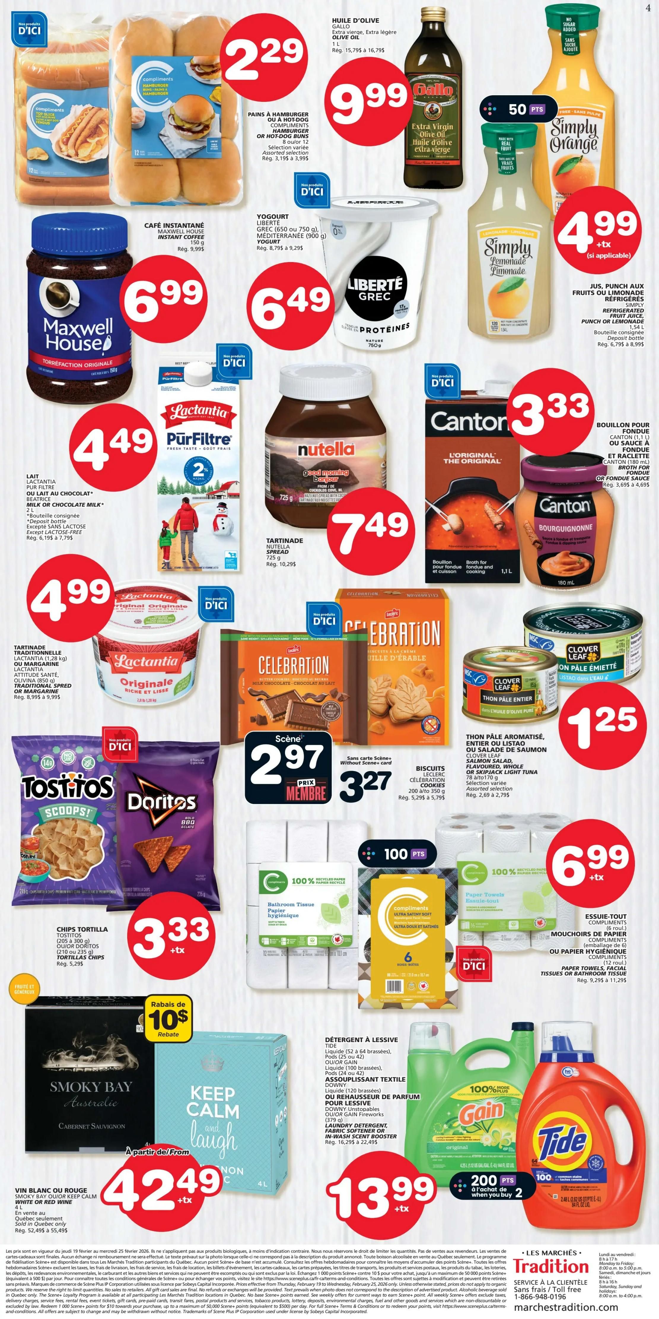 Marchés Tradition weekly flyer specials for Quebec, page 2. Featured items include Compliments hamburger or hot dog buns for $2.29, Gallo Extra Virgin Olive Oil for $9.99, Simply Orange juice for $4.99, Maxwell House Instant Coffee for $6.99, Liberté Greek yogurt for $6.49, Nutella spread for $7.49, Canton Broth for Fondue for $3.33, Lactantia PurFiltre milk or chocolate milk for $4.49, Lactantia traditional spread or margarine for $4.99, Leclerc Celebration cookies for $2.97 (member price), Clover Leaf Flavoured, Whole or Skipjack Light Tuna for $1.25, Tostitos or Doritos tortilla chips for $3.33, and Compliments paper towels, facial tissues or bathroom tissue for $6.99. Also available are Smoky Bay or Keep Calm white or red wine starting at $42.49 with a $10 rebate, and Gain or Tide laundry detergent for $13.99 with 200 Scene+ points when you buy 2. Store hours and contact information are listed at the bottom.