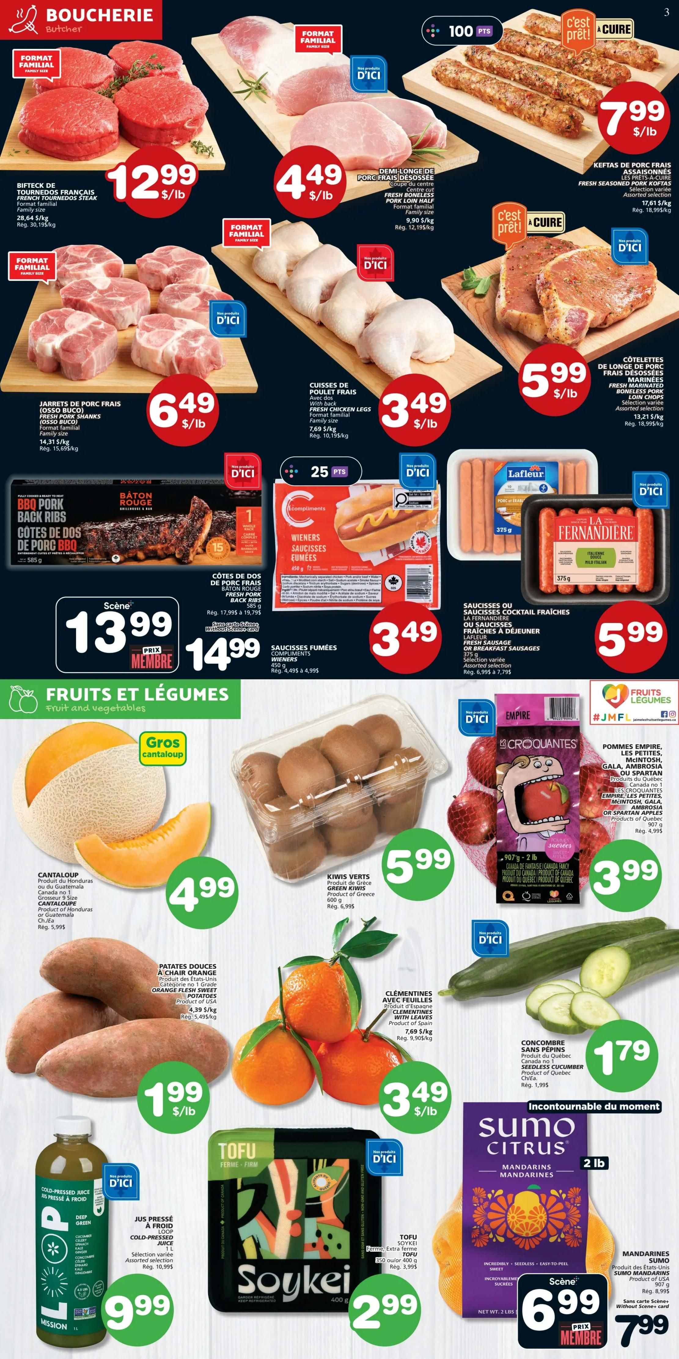 Marchés Tradition weekly flyer specials page 4 features a variety of meat and produce. Butcher section highlights include French Tournedos Steak at $12.99/lb, Fresh Pork Shanks (Osso Buco) at $6.49/lb, and Fresh Seasoned Pork Koftas at $7.99/lb. Also featured are Fresh Chicken Legs at $3.49/lb and Fresh Marinated Boneless Pork Loin Chops at $5.99/lb. BBQ Pork Back Ribs are available for $13.99 (member price) or $14.99. Compliments Wieners are $3.49 and La Fernandière or Lafluer Fresh or Breakfast Sausages are $5.99. The Fruits and Vegetables section offers Cantaloup for $4.99, Green Kiwis for $5.99, and Empire, McIntosh, Gala, Ambrosia, or Spartan Apples for $3.99. Orange Flesh Sweet Potatoes are $1.99/lb, Clementines with Leaves are $3.49/lb, and Seedless Cucumbers are $1.79. Loop Cold-Pressed Juice is $9.99, Soykei Extra Firm Tofu is $2.99, and Sumo Mandarins are $6.99 (member price) or $7.99.
