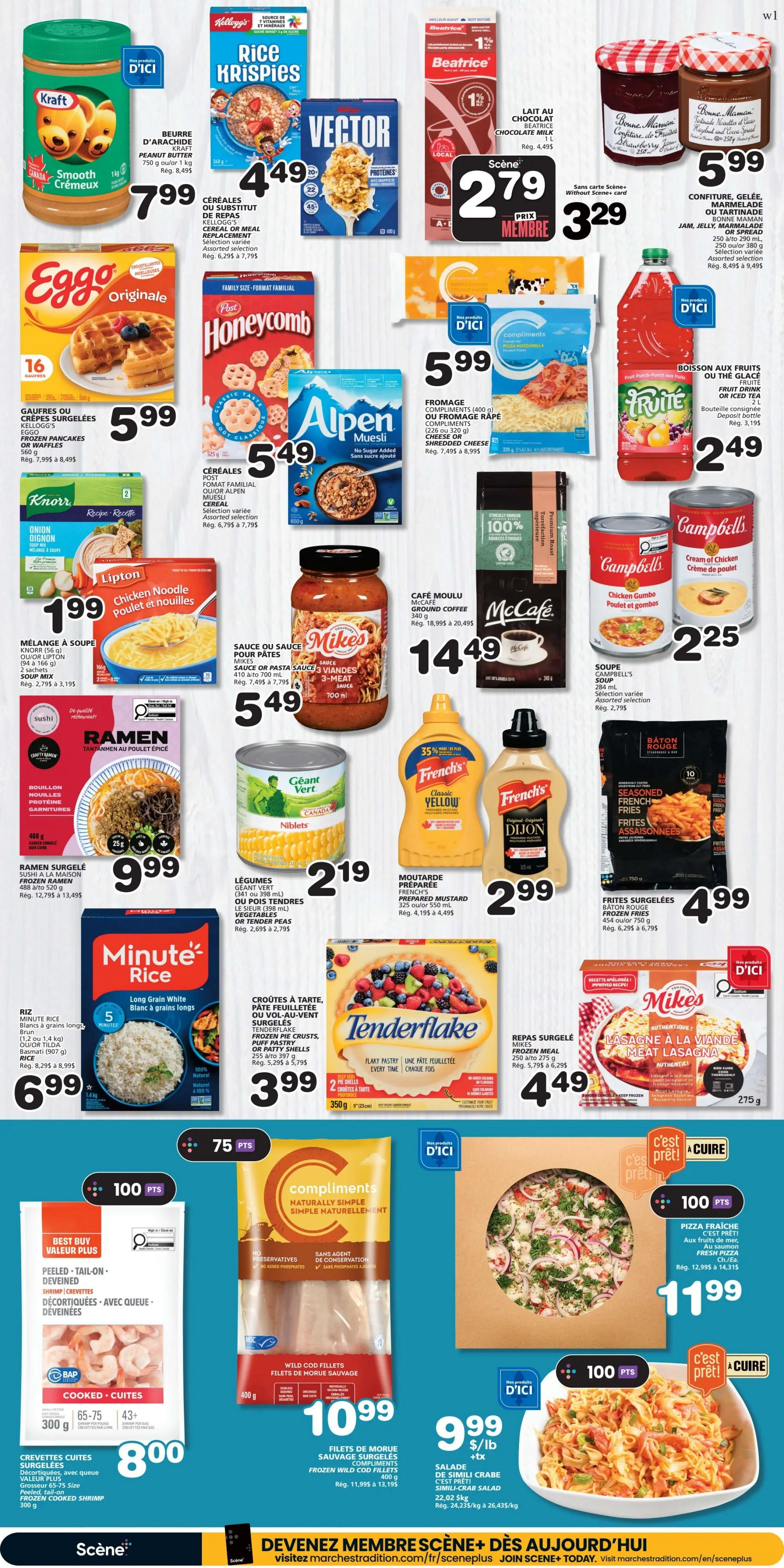 Marchés Tradition weekly flyer specials, page 5. Featured items include Kraft Smooth Peanut Butter for $7.99, Kellogg's Rice Krispies and Vector Cereal for $4.49, Beatrice Chocolate Milk for $2.79 (member price $3.29), Bonne Maman Jam, Jelly, Marmalade or Spread for $5.99. Also available are Eggo Frozen Pancakes or Waffles for $5.99, Post Honeycomb Cereal and Alpen Muesli Cereal for $5.49. Compliments Shredded or Cheese for $5.99, Fruité Drink or Iced Tea for $2.49. Lipton Chicken Noodle Soup Mix for $1.99, Mike's Sauce or Pasta Sauce for $5.49. McCafé Ground Coffee for $14.49, Campbell's Soup for $2.25. French's Prepared Mustard for $2.99. Baton Rouge Frozen French Fries for $4.99. Sushi à la Maison Frozen Ramen for $9.99. Tenderflake Frozen Pie Crusts for $4.49. Minute Rice Long Grain White Rice for $6.99. Mike's Frozen Meat Lasagna for $3.99. Best Buy Value Plus Cooked Shrimp for $8.00. Compliments Wild Cod Fillets for $10.99. Fresh Pizza C'est Prêt! for $11.99. Simili Crab Salad for $9.99 per pound.