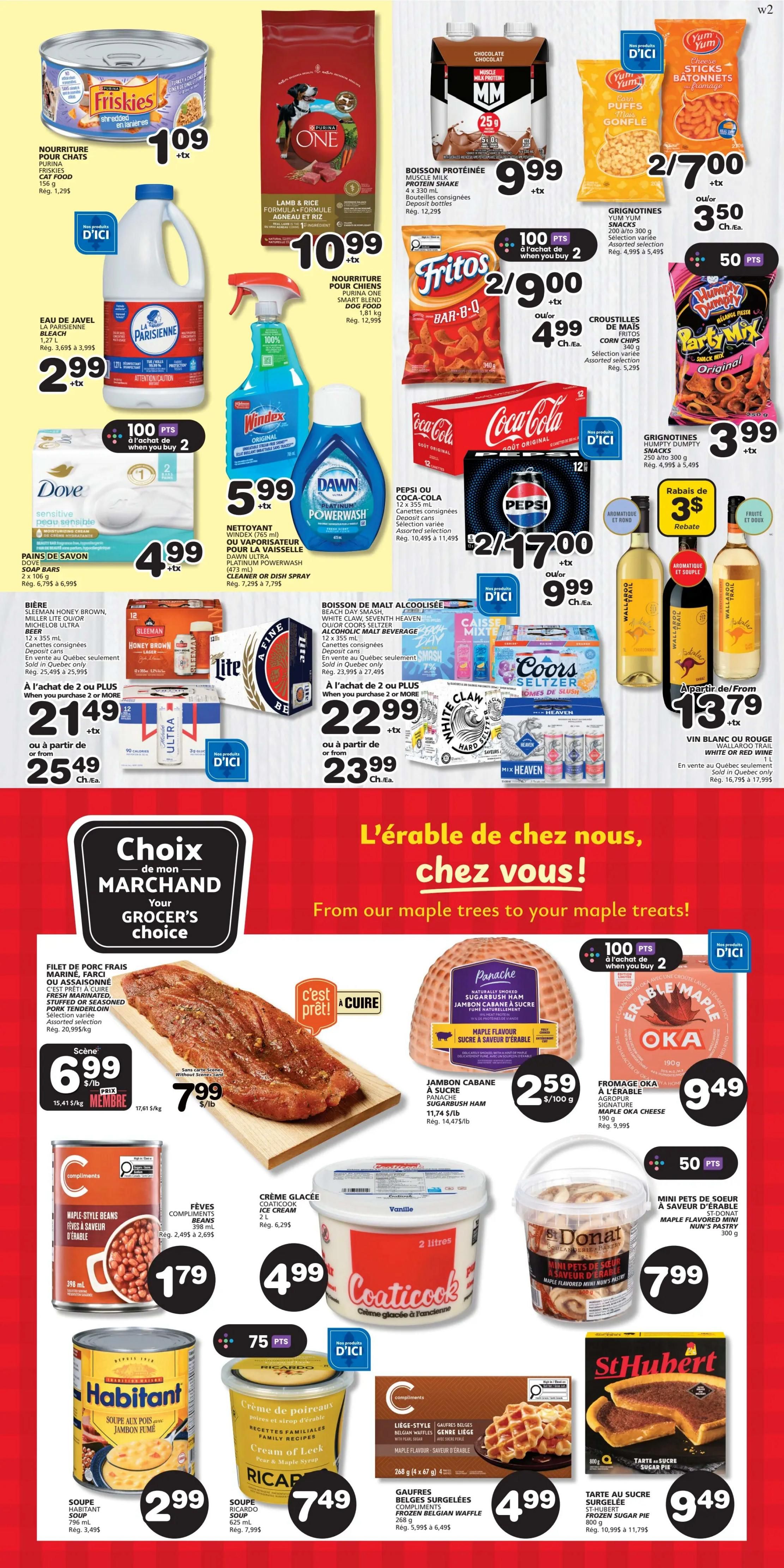 Marchés Tradition weekly flyer specials, page 6. Featured items include Friskies cat food for $1.09, Purina One Lamb & Rice dog food for $10.99, Muscle Milk Protein Shake for $9.99, Yum Yum Corn Puffs and Cheese Sticks snacks 2 for $7.00 or $3.50 each, Fritos Corn Chips for $4.99, and Humpty Dumpty Party Mix snacks for $3.99. Also available are La Parisienne Bleach for $2.99, Windex cleaner for $5.99, and Dawn Platinum Powerwash for $4.99. Dove Soap Bars are $4.99. Beverages include Coca-Cola 12-pack for $9.99, and Pepsi or Coca-Cola 355 ml cans for $4.99. Beer specials: Sleeman Honey Brown, Miller Lite, or Michelob Ultra beer 12 x 355 ml for $21.49 when you buy 2 or more, or $25.49 each. Coors Seltzer or Beach Day Smash 12 x 355 ml for $22.99 when you buy 2 or more, or $23.99 each. Wallaroo Trail White or Red wine 1 L for $13.79. Featured Grocer's Choice items: Fresh marinated, stuffed, or seasoned pork tenderloin for $6.99/lb. Panache Sugarbush Ham for $2.59/100g. Maple Oka Cheese for $9.49. Maple Flavoured Mini Nun's Pastry for $7.99. Compliments Maple-Style Beans for $1.79. Coaticook Ice Cream 2 L for $4.99. Habitant Soup with Smoked Ham 796 ml for $2.99. Ricardo Cream of Leek soup 625 ml for $7.49. Compliments Frozen Belgian Waffles for $4.99. St-Hubert Frozen Sugar Pie for $9.49.9.9.9. Earn 100 points when you buy 2 of select items.