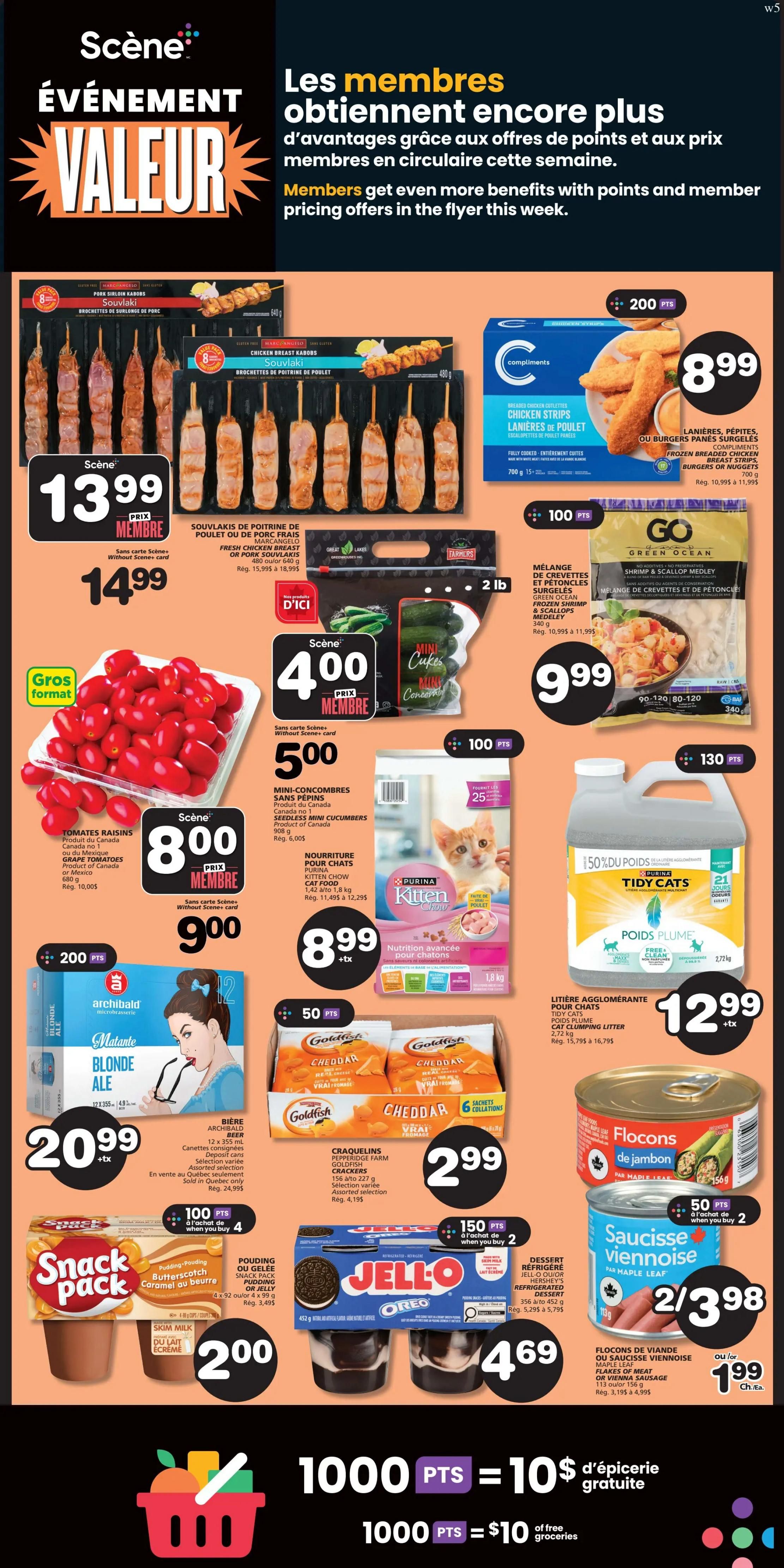 Marchés Tradition weekly flyer specials page 9 features a 'Value Event' with member pricing and Scene+ points offers. Highlights include Marc Angelo Pork Sirloin Souvlaki or Chicken Breast Souvlaki for $13.99 (member price) or $14.99 (regular price), with 200 Scene+ points. Compliments Frozen Breaded Chicken Strips, Burgers or Nuggets are $8.99, with 200 Scene+ points. Grape Tomatoes (680g) are $8.00 (member price) or $9.00 (regular price). Mini Cucumbers (908g) are $4.00 (member price) or $5.00 (regular price). Green Ocean Frozen Shrimp & Scallop Medley (340g) is $9.99, with 100 Scene+ points. Purina Kitten Chow Cat Food (1.42 to 1.8kg) is $8.99 + tax. Tidy Cats Clumping Cat Litter (2.72kg) is $12.99 + tax. Archibald Microbrasserie Blonde Ale (12 x 355ml) is $20.99 + tax, sold in Quebec only. Pepperidge Farm Goldfish Crackers (156 a/o 227g) are $2.99. Maple Leaf Flakes of Meat or Vienna Sausage (113g or 156g) are $1.99 each. Snack Pack Pudding or Jelly (4 x 92g or 4 x 99g) are $2.00. Jell-O Refrigerated Dessert (356g to 452g) is $4.69. Earn 1000 Scene+ points for $10 of free groceries. Also featured are Maple Leaf Flakes of Meat or Vienna Sausage for $1.99 each when you buy 2, with 50 Scene+ points.