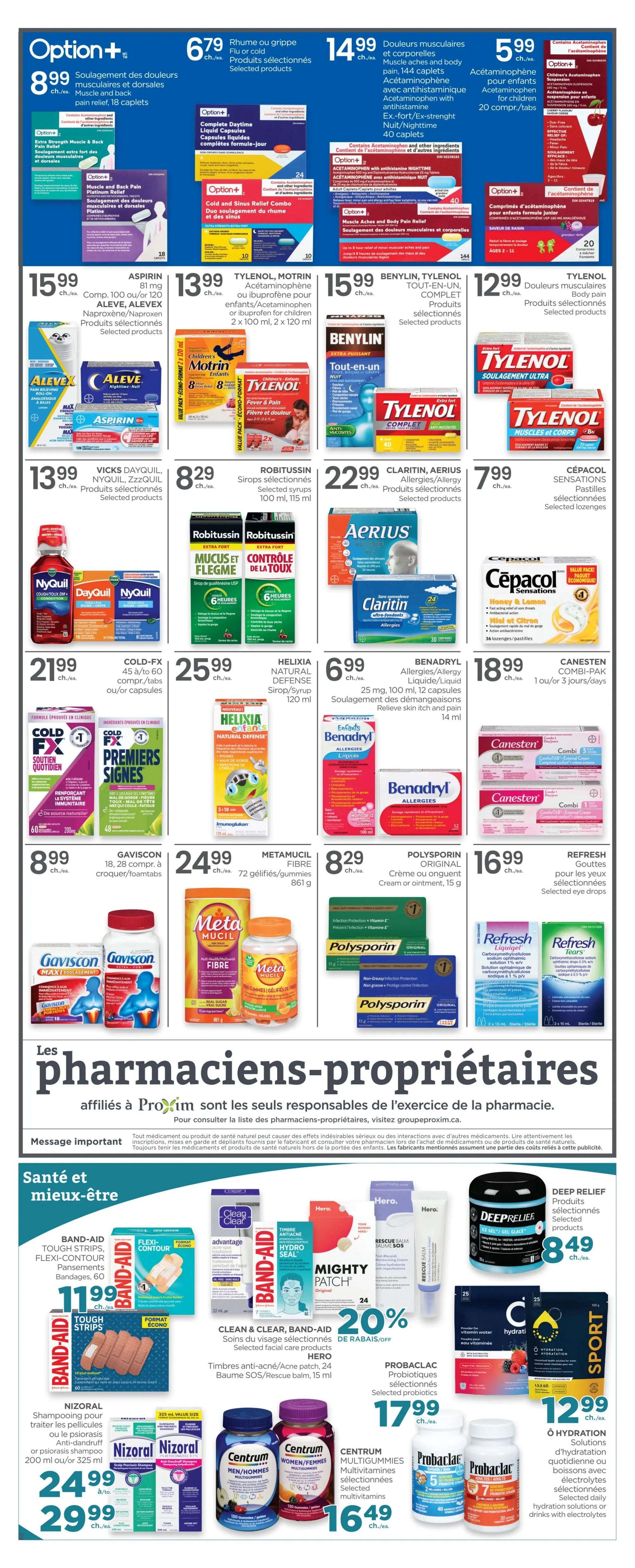 Proxim flyer page 2 featuring a wide selection of health and wellness products. Top section highlights Option+ products including Muscle and Back Pain Relief caplets for $8.99, Complete Daytime Liquid Capsules for $6.79, and Cold and Sinus Relief Combo for $5.99. Other featured brands include Aleve, Tylenol, Motrin, Vicks DayQuil, NyQuil, ZzzQuil, Robitussin, Benylin, Cepacol, Claritin, Aerius, Helicia, Benadryl, Canesten, Polysporin, and Refresh eye drops. Prices range from $5.99 for Option+ Cold and Sinus Relief Combo to $15.99 for Aleve and Tylenol/Motrin products. The middle section is dedicated to 'Les pharmaciens-propriétaires affiliés à Proxim' (Proxim affiliated pharmacists-owners). The bottom section, 'Santé et mieux-être' (Health and well-being), showcases Band-Aid Tough Strips Flexi-Contour bandages for $11.99, Clean & Clear, Hero Rescue Balm, Deep Relief Ice Gel for $8.49, Nizoral shampoo for $24.99 or $29.99, Centrum Multigummies for $16.49, ProBaclac probiotics for $17.99, and Ô Hydration drinks for $12.99.