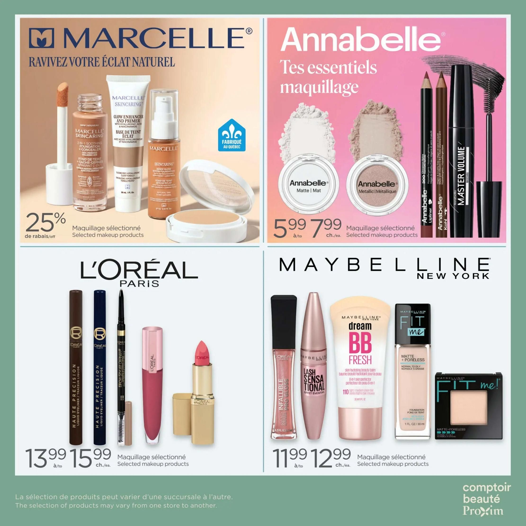 Proxim Weekly Flyer Specials, Page 8. Features Marcelle selected makeup products with 25% off, including Marcelle Skincare Glow Enhancer and Primer, 2-in-1 Foundation + Concealer, and Inner Glow Serum Foundation. Also showcases Annabelle selected makeup products, with Annabelle Matte pressed powder for $5.99 and Annabelle Metallic pressed powder for $7.99. Additionally, L'Oréal Paris selected makeup products are on sale, with Haute Precision Liquid Eyeliner priced at $13.99 and Brow Stylist Definer for $15.99. Maybelline New York selected makeup products include Lash Sensational Sky High Mascara for $11.99 and Fit Me Matte + Poreless Foundation for $12.99. The bottom of the page notes that product selection may vary by store.