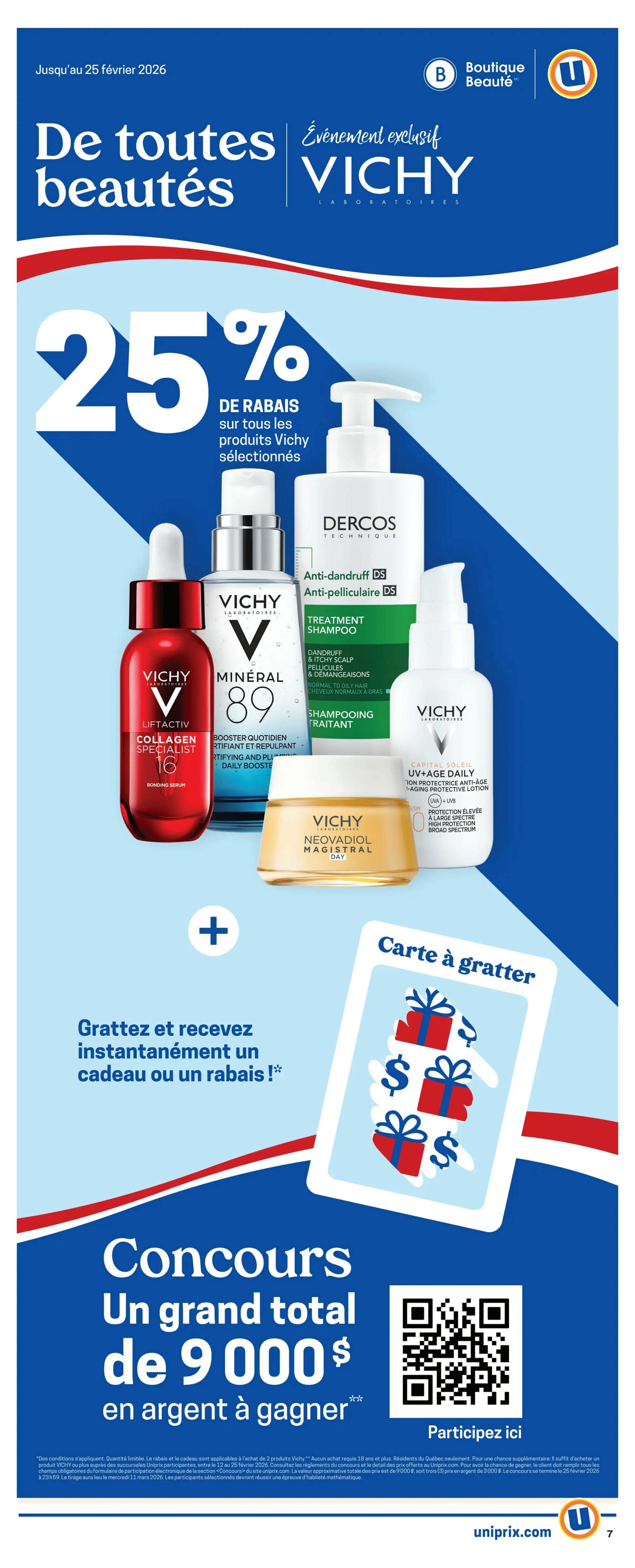 Uniprix flyer page 8 featuring a 'De toutes beautés' (Of all beauties) exclusive event with Vichy products. Enjoy 25% off selected Vichy products. Featured items include Vichy Liftactiv Collagen Specialist 16 Bonding Serum, Vichy Mineral 89 Daily Booster, Vichy Neovadiol Magistral Day cream, Vichy Dercos Anti-Dandruff Shampoo, and Vichy Capital Soleil UV+Age Daily Protective Lotion. Scratch and instantly receive a gift or a discount. Enter the contest for a chance to win a grand total of $9,000 in cash prizes. Contest ends February 25, 2026. Visit uniprix.com for details.