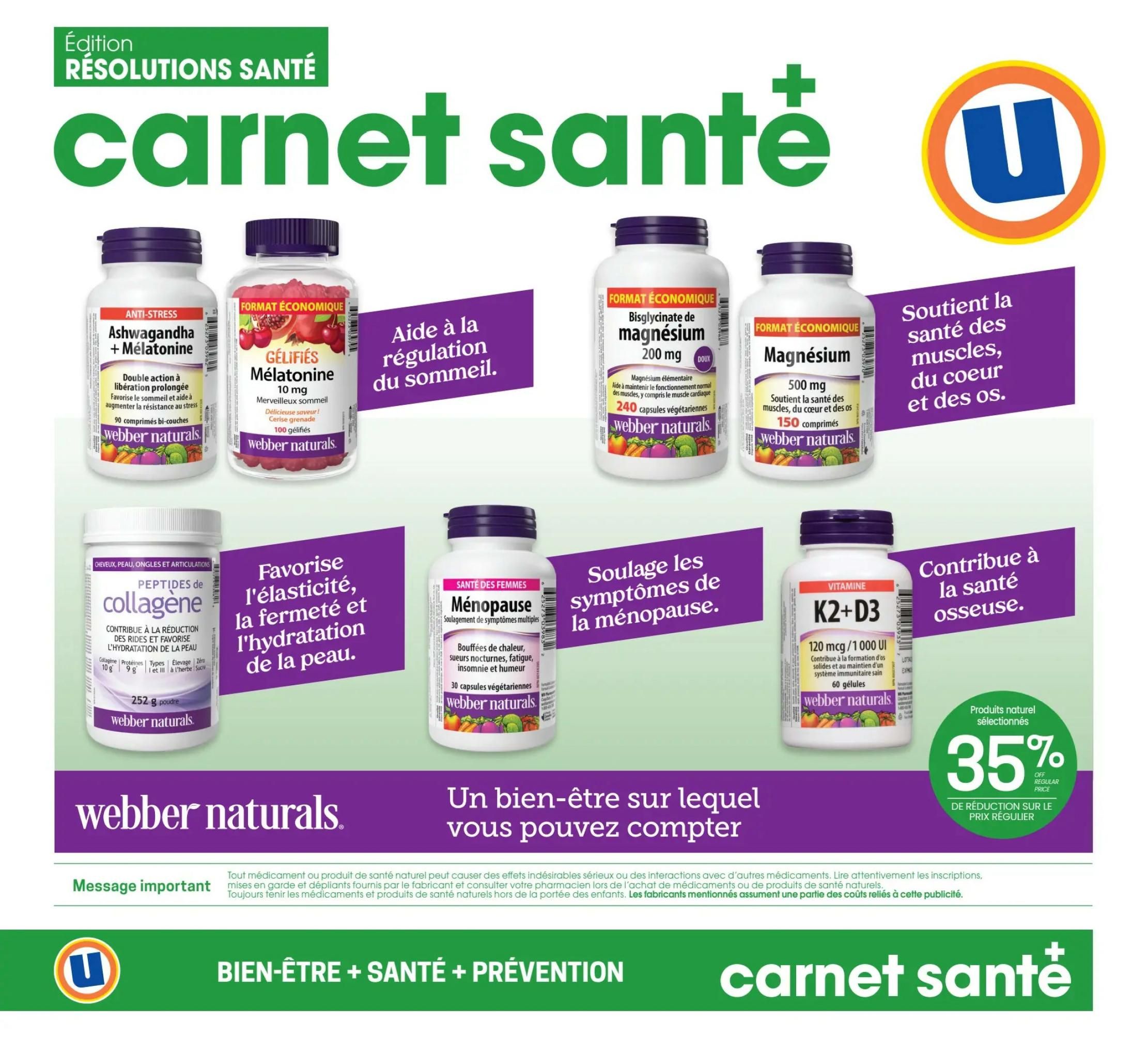 Uniprix Health Resolutions flyer, page 10. Features Webber Naturals products. Includes Ashwagandha + Melatonin for stress and sleep, 90 capsules; Melatonin Gélifiés 10 mg for sleep, 100 gummies; Magnesium Bisglycinate 200 mg, 240 vegetarian capsules; Magnesium 500 mg, 150 tablets; Collagen Peptides powder, 252 g; Menopause relief capsules, 30 vegetarian capsules; and Vitamin K2+D3 120 mcg / 1000 IU, 60 softgels. A special offer highlights 35% off selected natural health products. The page also includes a message about consulting a pharmacist for medications and natural health products.