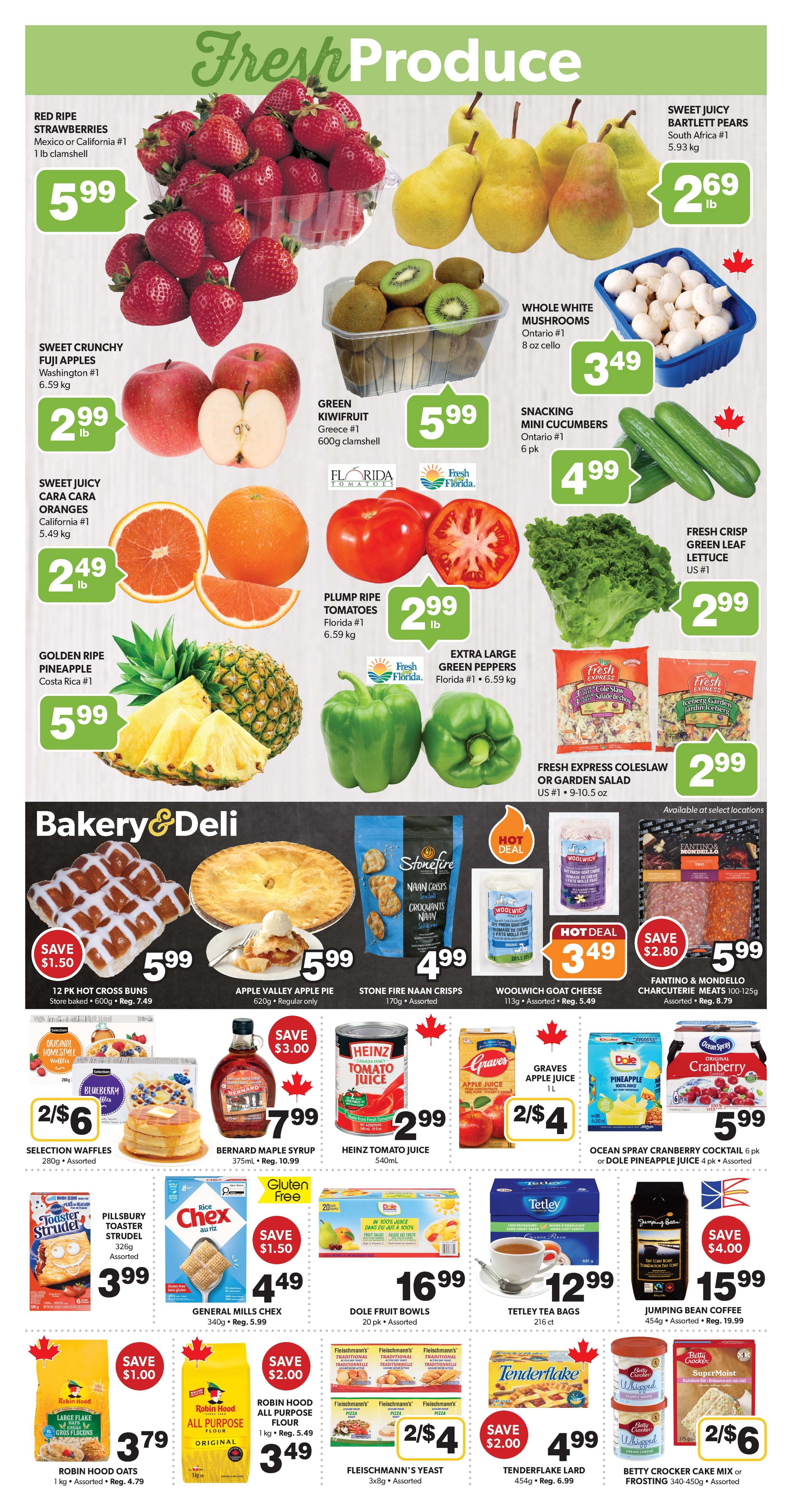 Colemans Weekly Flyer Specials Page 3 features fresh produce and bakery & deli items. Fresh produce includes Red Ripe Strawberries for $5.99 per 1 lb clamshell, Sweet Juicy Bartlett Pears for $2.69 per lb, Sweet Crunchy Fuji Apples for $2.99 per lb, Green Kiwifruit for $5.99 per 600g clamshell, Whole White Mushrooms for $3.49 per 8 oz cello, Snacking Mini Cucumbers for $4.99 per 6 pk, Sweet Juicy Cara Cara Oranges for $2.49 per lb, Plump Ripe Tomatoes for $2.99 per 6.59 kg, Golden Ripe Pineapple for $5.99 each, Extra Large Green Peppers for $2.99 per 6.59 kg, and Fresh Crisp Green Leaf Lettuce for $2.99 each. Also featured are Fresh Express Coleslaw or Garden Salad for $2.99. Bakery & Deli items include 12 pk Hot Cross Buns for $5.99 (save $1.50), Apple Valley Apple Pie for $5.99, Stonefire Naan Crisps for $4.99, and Woolwich Goat Cheese for $3.49 (hot deal, save $2.00). Fantino & Mondello Charcuterie Trio is $5.99 (save $2.80). In the breakfast and pantry section, Selection Waffles are 2 for $6, Bernard Maple Syrup is $7.99 (save $3.00), Heinz Tomato Juice is $2.99, Pillsbury Toaster Strudel is $3.99, General Mills Chex is $4.49 (save $1.50), Dole Fruit Bowls are $16.99, Tetley Tea Bags are $12.99, Jumping Bean Coffee is $15.99 (save $4.00), Ocean Spray Cranberry Cocktail or Dole Pineapple Juice 4 pk is $5.99, Robin Hood Oats are $3.79 (save $1.00), Robin Hood All Purpose Flour is $3.49 (save $2.00), Fleischmann's Yeast is 2 for $4, Tenderflake Lard is $4.99 (save $2.00), and Betty Crocker Cake Mix or Frosting is 2 for $6.