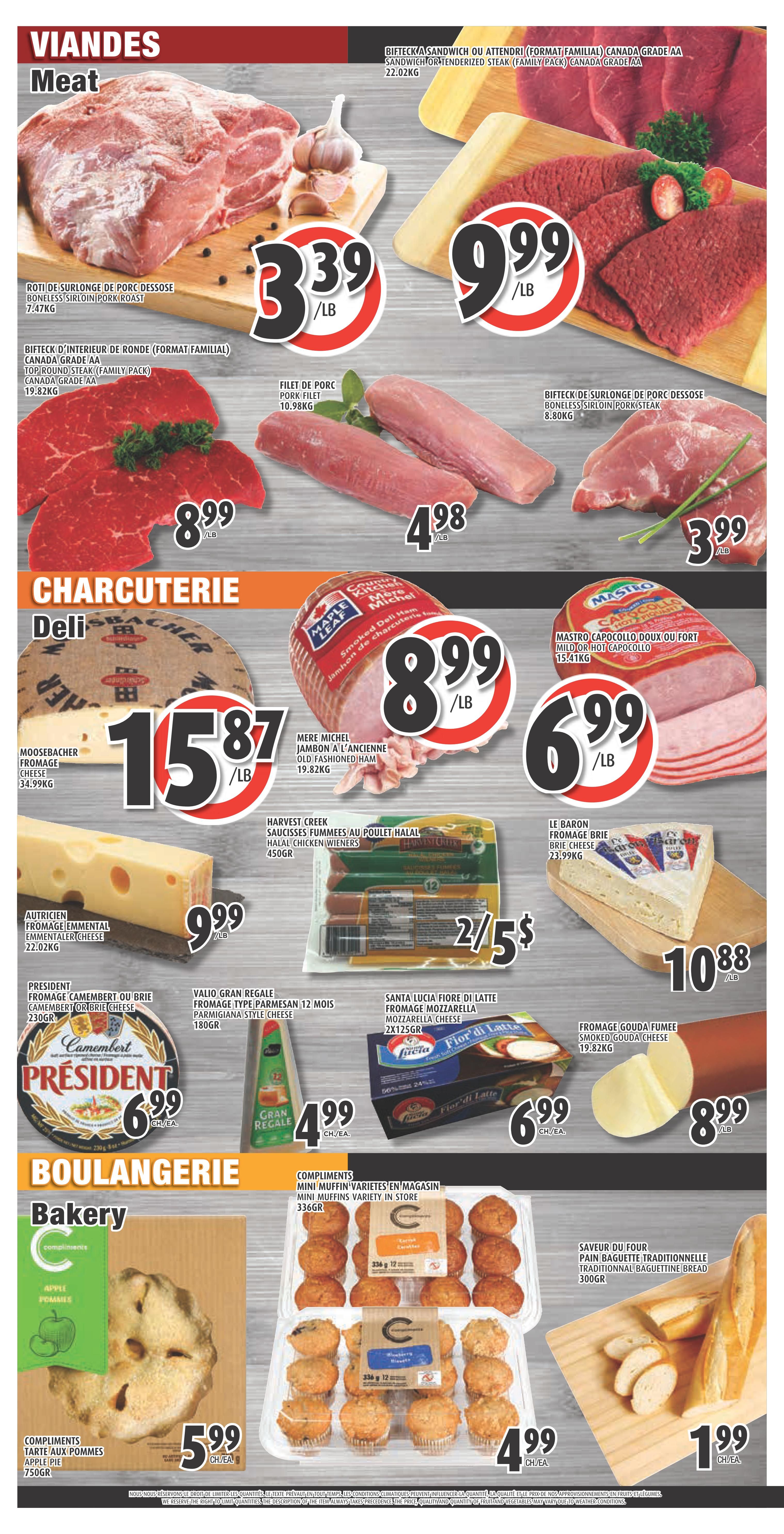 Esposito Weekly Flyer Specials Page 2. Features a variety of meat products including Boneless Sirloin Pork Roast for $3.39/lb, Top Round Steak (Family Pack) Canada Grade AA for $8.99/lb, Pork Fillet for $4.98/lb, and Boneless Sirloin Pork Steak for $3.99/lb. The deli section offers Moosebacher Cheese for $15.87/lb, Autricien Emmentaler Cheese for $9.99/lb, President Camembert or Brie Cheese for $6.99 each, Gran Regale Parmigiana Style Cheese for $4.99 each, and Harvest Creek Halal Chicken Wieners for $2.50 for 2 packs. Also featured are Mastro Mild or Hot Capocollo for $6.99/lb and Le Baron Brie Cheese for $10.88/lb. The bakery section includes an Apple Pie for $5.99 each, Compliments Mini Muffins Variety Pack for $4.99 each, and traditional Baguette Bread for $1.99 each.