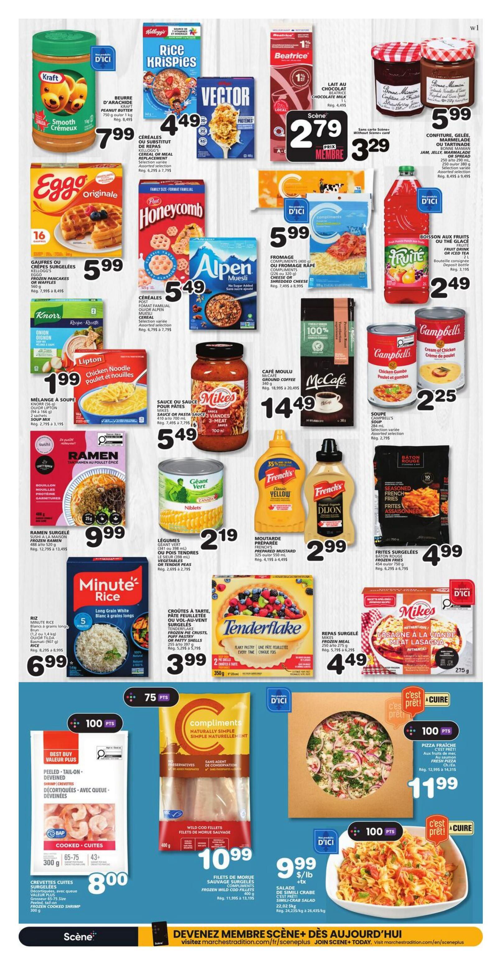 IGA Weekly Flyer Specials for The Magdalen Islands, Page 5. Featured items include Kraft Smooth Peanut Butter for $7.99, Kellogg's Rice Krispies Cereal for $4.49, Vector Cereal for $4.49, Beatrice Chocolate Milk for $2.79 (or $3.29 without Scene+ card), Bonne Maman Jam, Jelly, Marmalade, or Spread for $5.99. Also on sale are Eggo Frozen Pancakes or Waffles for $5.99, Post Honeycomb Cereal for $5.49, Alpen Muesli Cereal for $5.49, Compliments Shredded or Sliced Cheese for $5.99, and Fruité Fruit Punch or Iced Tea for $2.49. Additional offers include Knorr or Lipton Soup Mix for $1.99, McCafé Ground Coffee for $14.49, Campbell's Soup for $2.25, French's Prepared Mustard for $2.99, Sushi à la Maison Frozen Ramen for $9.99, Giant Green Peas or Tender Peas for $2.19, Minute Rice Long Grain White Rice for $6.99, Tenderflake Frozen Pie Crusts, Puff Pastry, or Patty Shells for $3.99, Bâton Rouge Frozen French Fries for $4.99, Mike's Frozen Meat Lasagna for $4.49, Compliments Cooked, Peeled, Tail-on, Deveined Frozen Shrimp for $8.00, Compliments Frozen Wild Cod Fillets for $10.99, and C'est Prêt! Fresh Simili-Crab Salad for $9.99/lb. Scene+ points are available on select items.