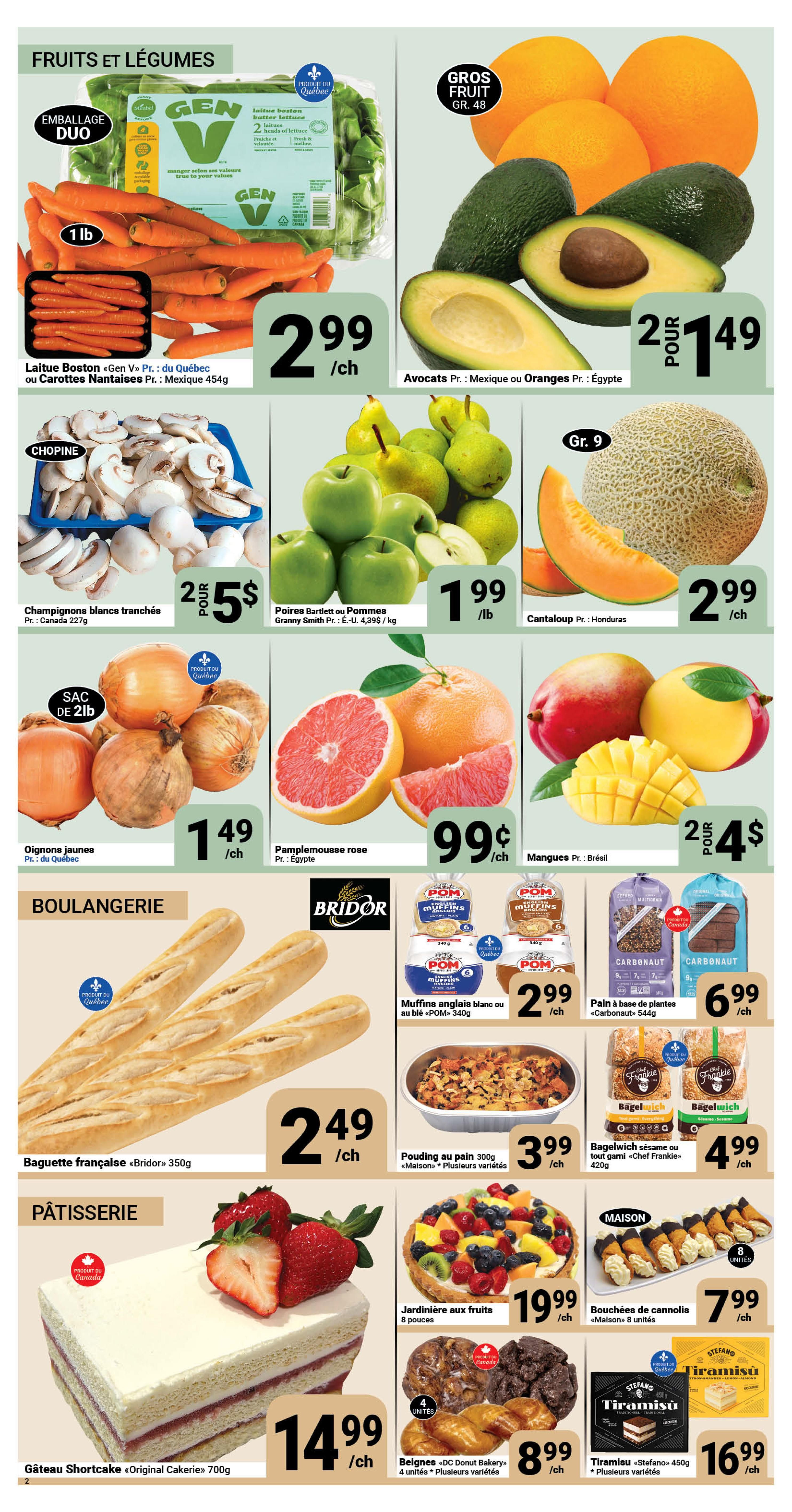 Pasquier flyer page 2 features a variety of fresh produce and bakery items. In the Fruits & Vegetables section, find Boston lettuce or Nantes carrots for $2.99, avocados or oranges for 2 for $1.49, sliced white mushrooms for 2 for $5, Bartlett pears or Granny Smith apples for $1.99/lb, cantaloupe for $2.99 each, 2lb bags of yellow onions for $1.49, pink grapefruit for $0.99 each, and mangoes for 2 for $4. The Bakery section offers French baguettes from Bridor for $2.49 each. In the Pastry section, enjoy a fruit tart for $19.99, cannoli bites for $7.99, and a shortcake gateau for $14.99. Other bakery items include POM English muffins for $2.99, 'Chef Frankie' Bagelwich for $4.99, 'DC Donut Bakery' donuts for $8.99, and 'Stefano' Tiramisu for $16.99.