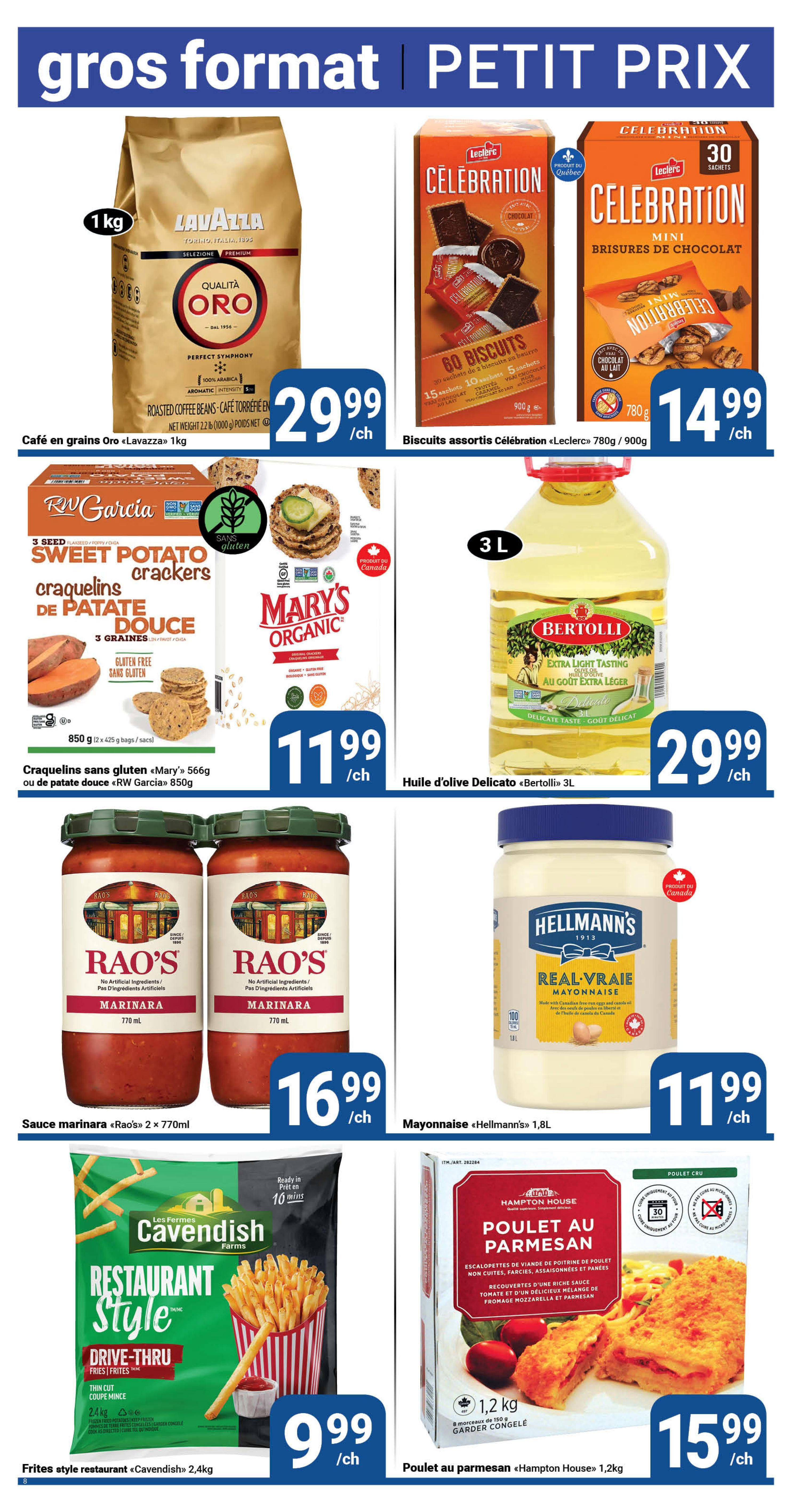 Pasquier weekly flyer specials page 8 features a variety of grocery items. Lavazza Qualità Oro coffee beans, 1kg, are priced at $29.99. Leclerc Celebration assorted biscuits, available in 780g and 900g sizes, are $14.99. RW Garcia Sweet Potato crackers, 850g, and Mary's Organic Original crackers, 566g, are both $11.99. Bertolli Olive Oil, 3L, is $29.99. Rao's Marinara sauce, 2 x 770ml, is $16.99. Hellmann's Real Mayonnaise, 1.8L, is $11.99. Cavendish Restaurant Style Drive-Thru fries, 2.4kg, are $9.99. Hampton House Chicken Parmesan, 1.2kg, is $15.99.