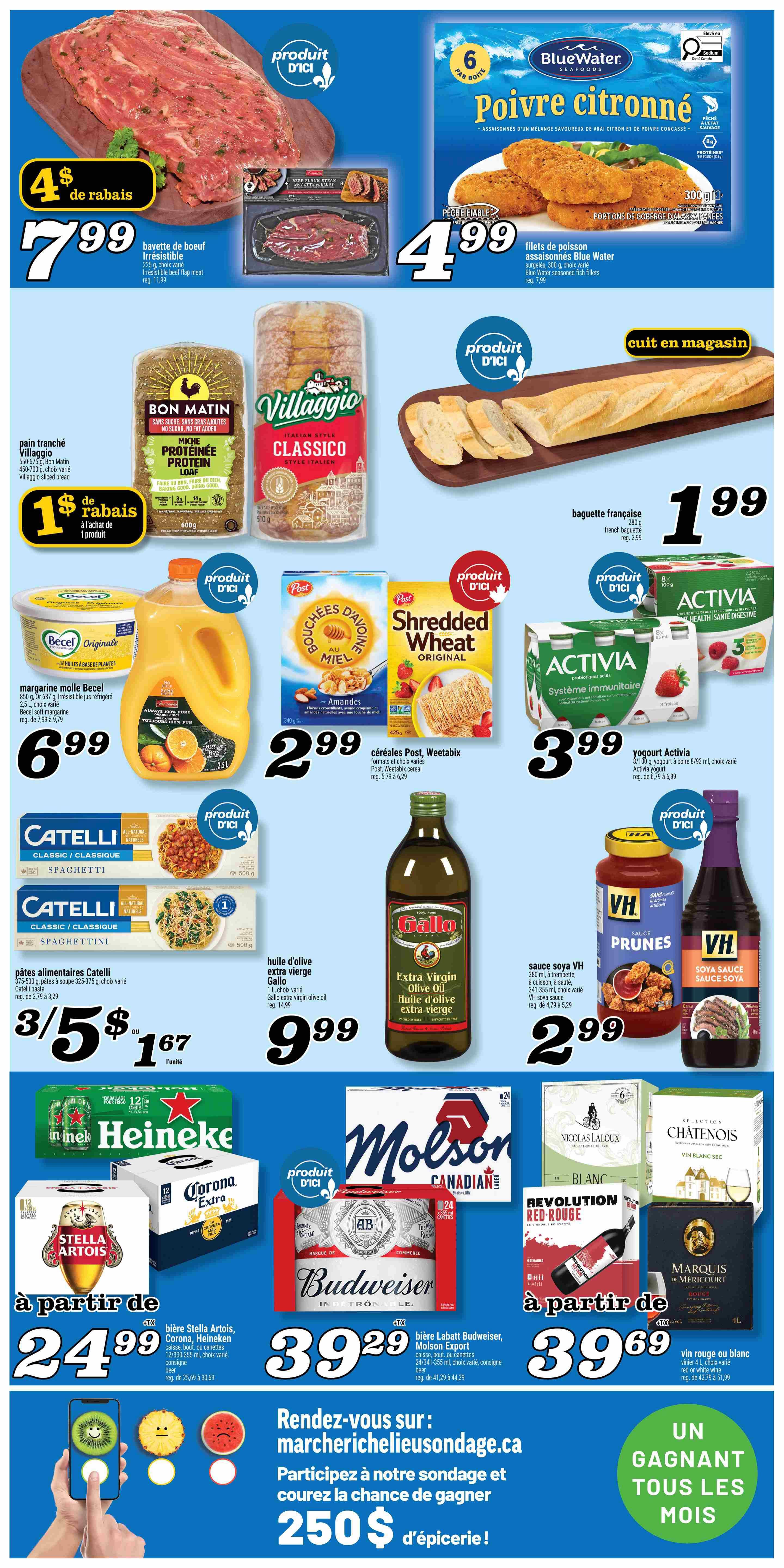 Marché Richelieu weekly flyer specials page 2. Featured items include: Irresistible beef flap meat for $7.99 with $4 in rebates, and Blue Water Seafoods lemon pepper seasoned fish portions for $4.99. Also available are Bon Matin Protein Loaf bread for $1 rebate, Villaggio Classico Italian style bread for $1.99, and French baguette for $1.99. Becel Original margarine is $6.99, and a 2.5L jug of 100% pure orange juice is also $6.99. Post Honey Shredded Wheat cereal is $2.99, and Activia probiotic yogurt 8x93ml is $3.99. Catelli spaghetti and spaghettini pasta 375-500g are 3 for $5, and Gallo extra virgin olive oil 1L is $9.99. VH soya sauce 380ml or 341-355ml is $2.99. Beer specials include Heineken, Corona Extra, Stella Artois, and Molson Canadian 12x355ml cans for $24.99. Labatt Budweiser Molson Export 24x341-355ml cans are $39.69. Wine specials include Nicolas Laloux Blanc Sec, Châtenois Blanc Sec, and Marquis de Mérichou Rouge, and Revolution Red Rouge, all starting at $39.69 for 4L or 750ml bottles. The bottom section features a contest to win $250 in groceries by visiting marchericheliensondage.ca.