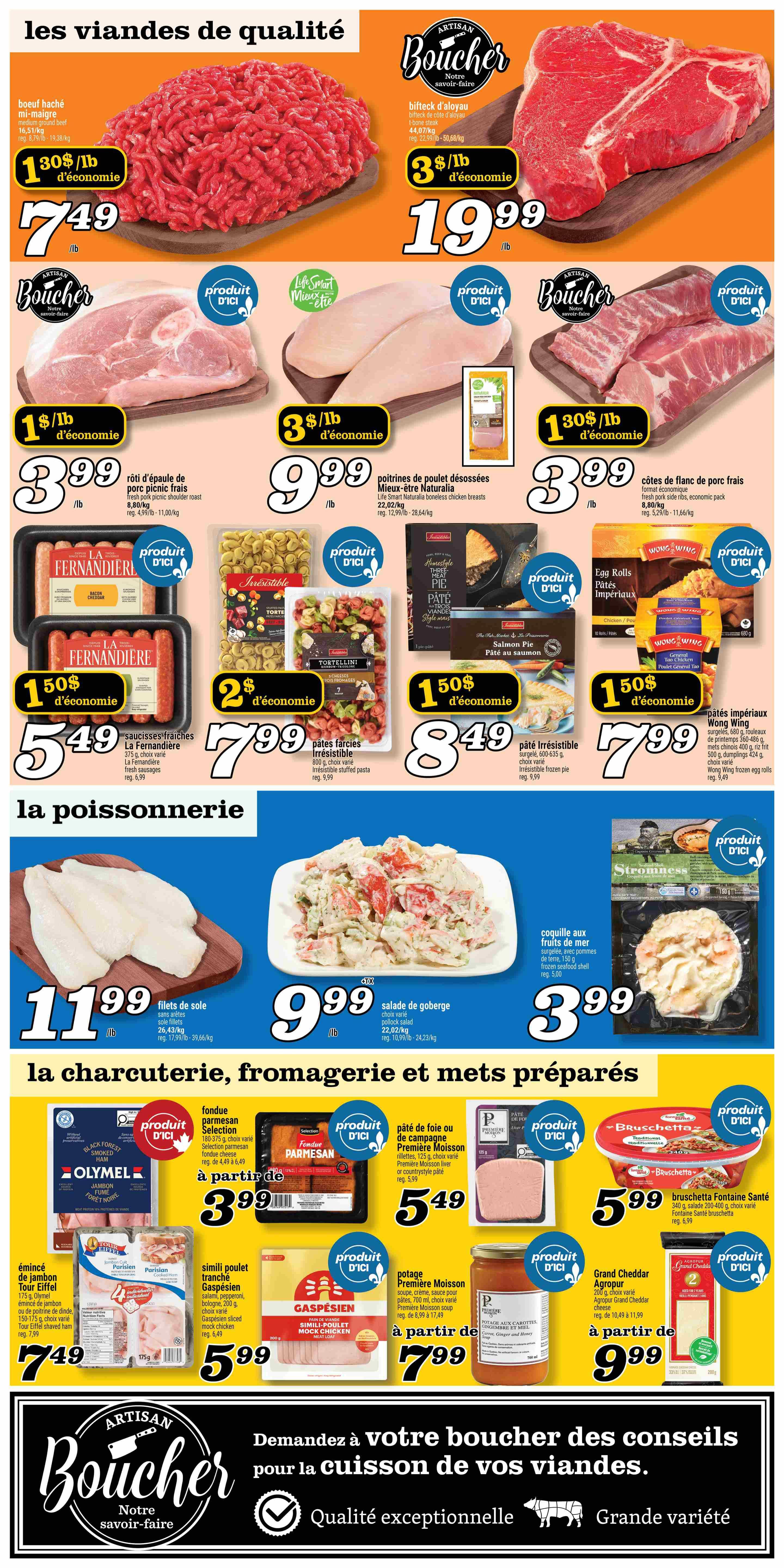 Marché Richelieu weekly flyer specials page 3 features 'les viandes de qualité' (quality meats). Top row includes medium ground beef at $7.49/lb, T-bone steak at $19.99/lb, fresh pork picnic shoulder roast at $3.99/lb, and Life Smart boneless chicken breasts at $9.99/lb. Also featured are fresh pork side ribs at $3.99/lb. The 'poissonnerie' (fish market) section offers sole fillets at $11.99/lb and frozen seafood shells with potatoes at $3.99. The 'charcuterie, fromagerie et mets préparés' (deli, cheese, and prepared meals) section includes Olymel Black Forest smoked ham, Selection parmesan fondue cheese starting at $3.99, Tour Eiffel sliced Parisian ham at $5.49, Premiere Moisson liver or country-style pâté for $5.49, Grand Cheddar Agropur cheese starting at $9.99, and Fontaine Santé bruschetta for $5.99. 'Artisan Boucher' (Artisan Butcher) section offers advice for cooking meats, emphasizing exceptional quality and great variety.